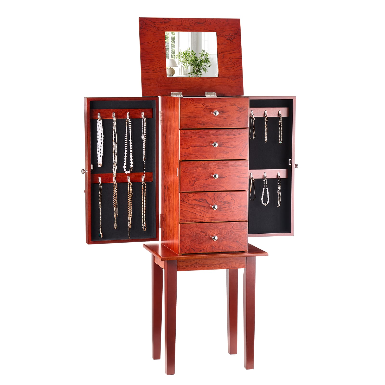 VEVOR - Jewelry Cabinet Armoire, Standing Jewelry Storage Chest with 4 Spacious Drawers, Flip Top Mirror - Wood