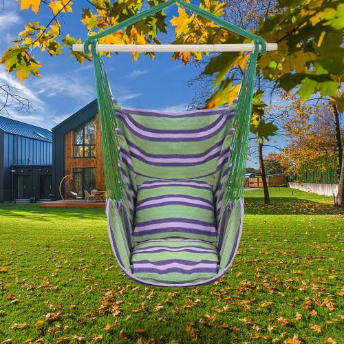 Alt View 7. Winado - Hammock Chair Hanging Rope Swing, Macrame Hammock Swing Seat with 2 Cushions, Portable Steel Spreader Bar for In/Outdoor - Green Stripes.