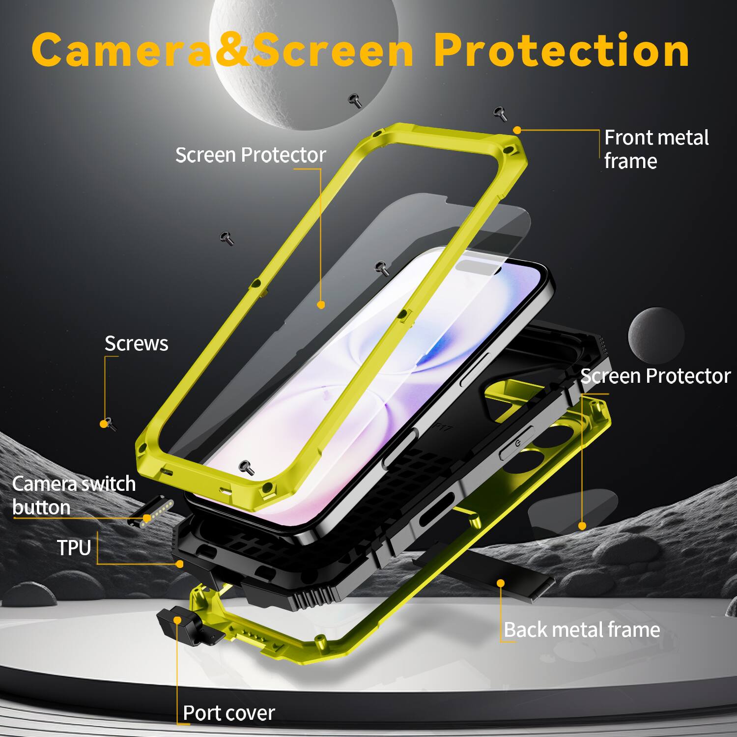 Camera & Screen Protection  
Screen Protector  
Front metal frame  
Screws  
Screen Protector  
Camera switch button  
TPU  
Back metal frame  
Port cover