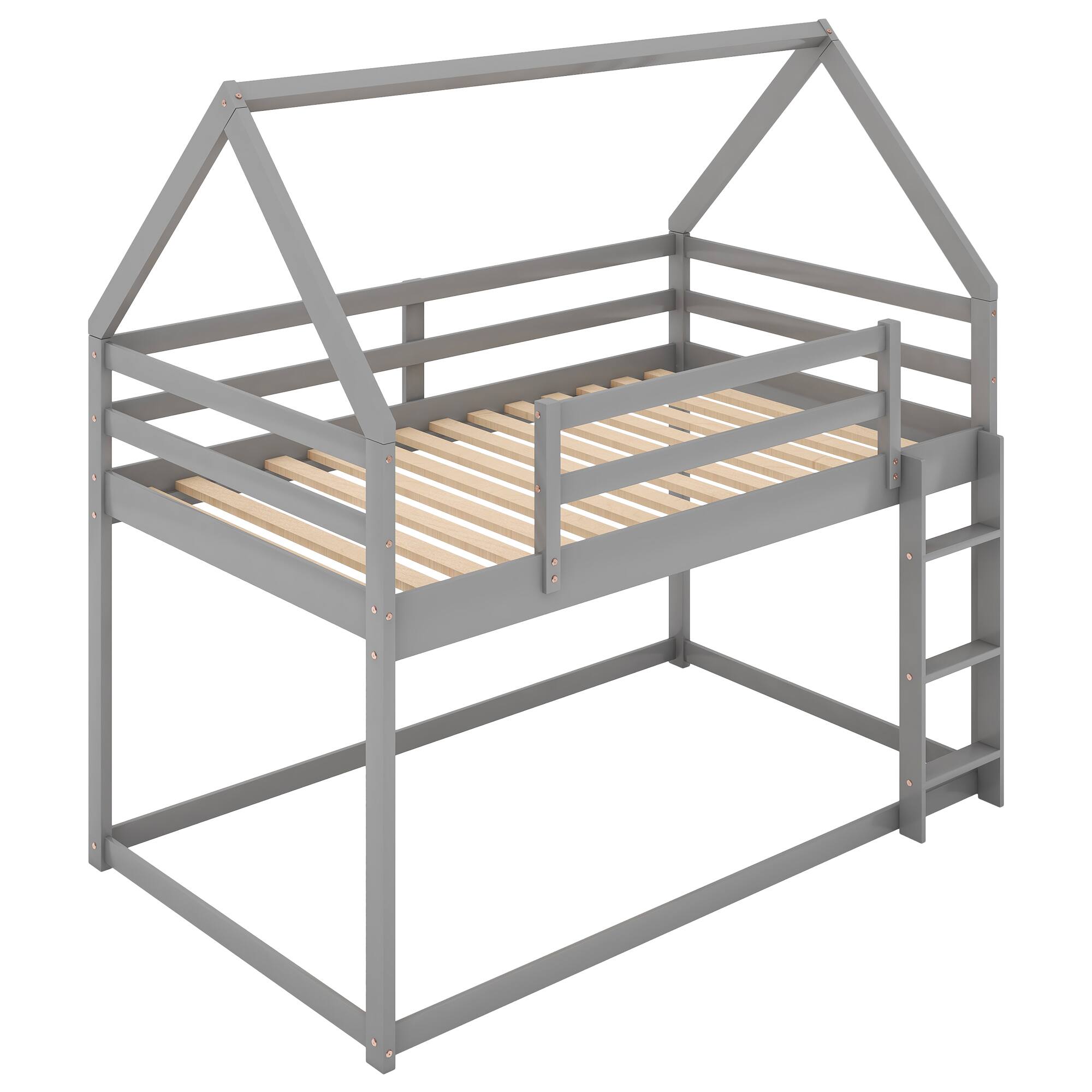 Alt View 1. Aukfa - Twin over Twin Low Bunk Bed, House Bed with Ladder - Gray.