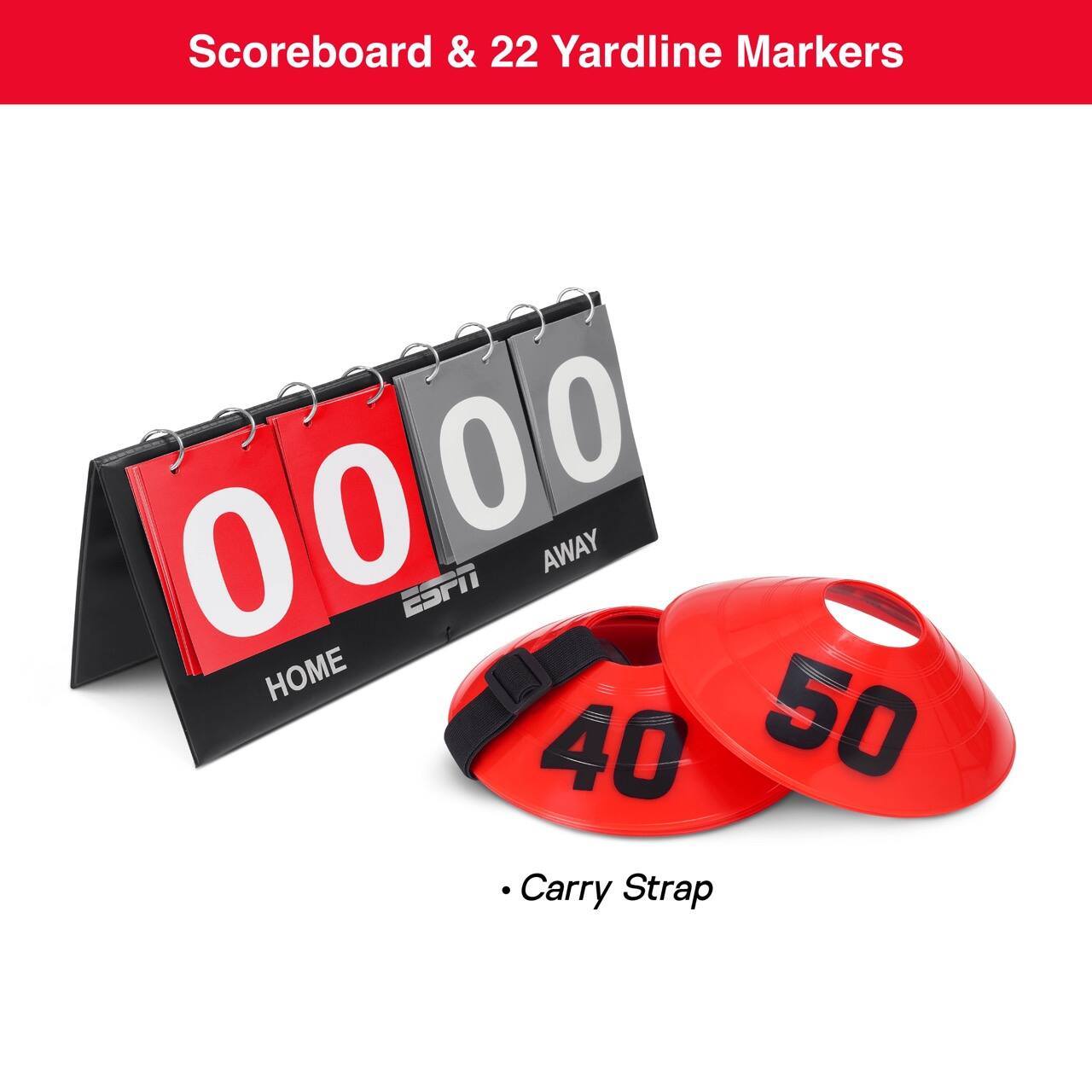 Scoreboard & 22 Yardline Markers

ESPN

HOME 00 AWAY 00

Carry Strap

40 50