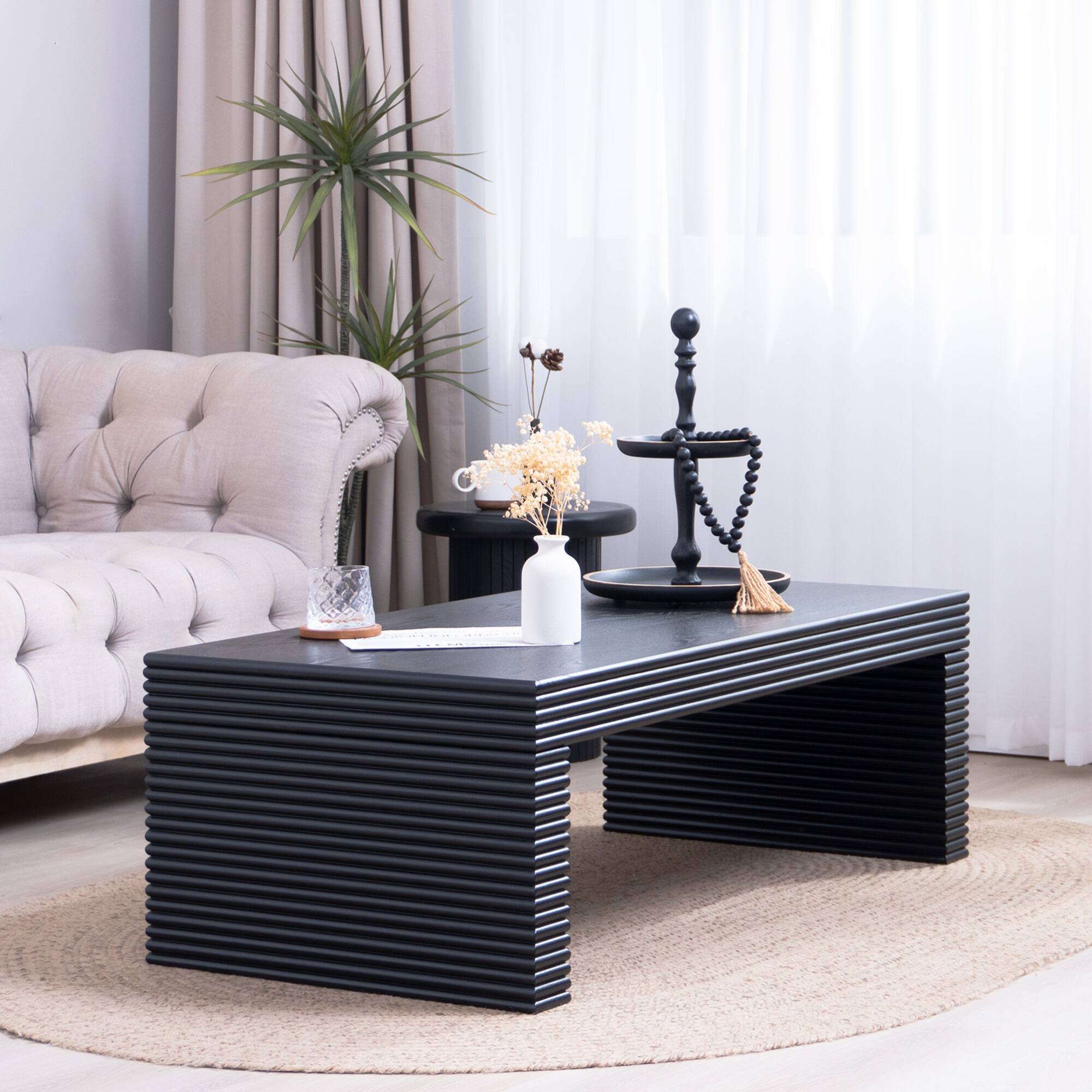 Angle. GOODSILO - Modern Rectangular Coffee Table with Ribbed Texture for Contemporary Living Room Decor - Black.