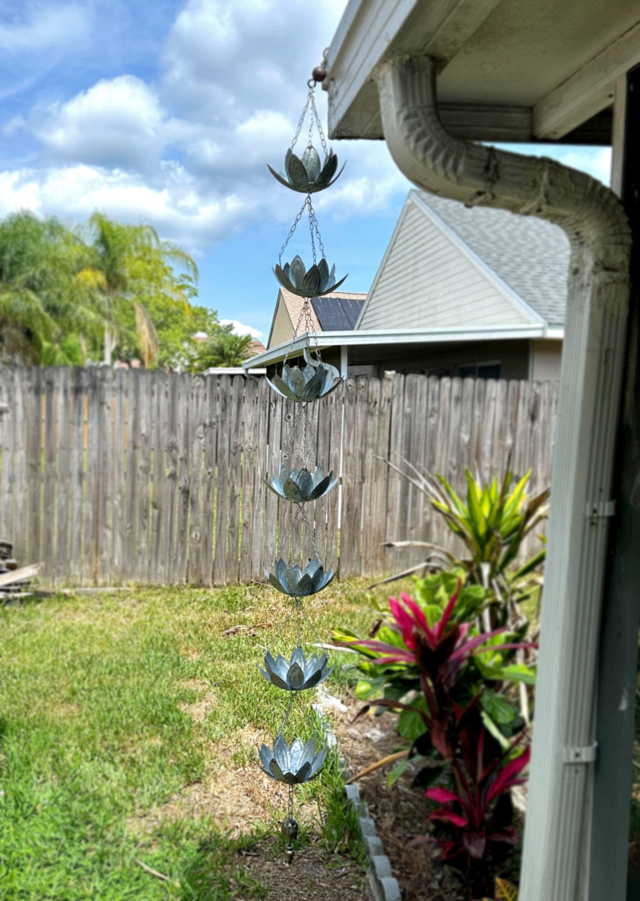 Alt View 3. Zeckos - 70 Inch Galvanized Metal Flower Rain Chain Gutter Home Decor Downspout Accent - Silver.