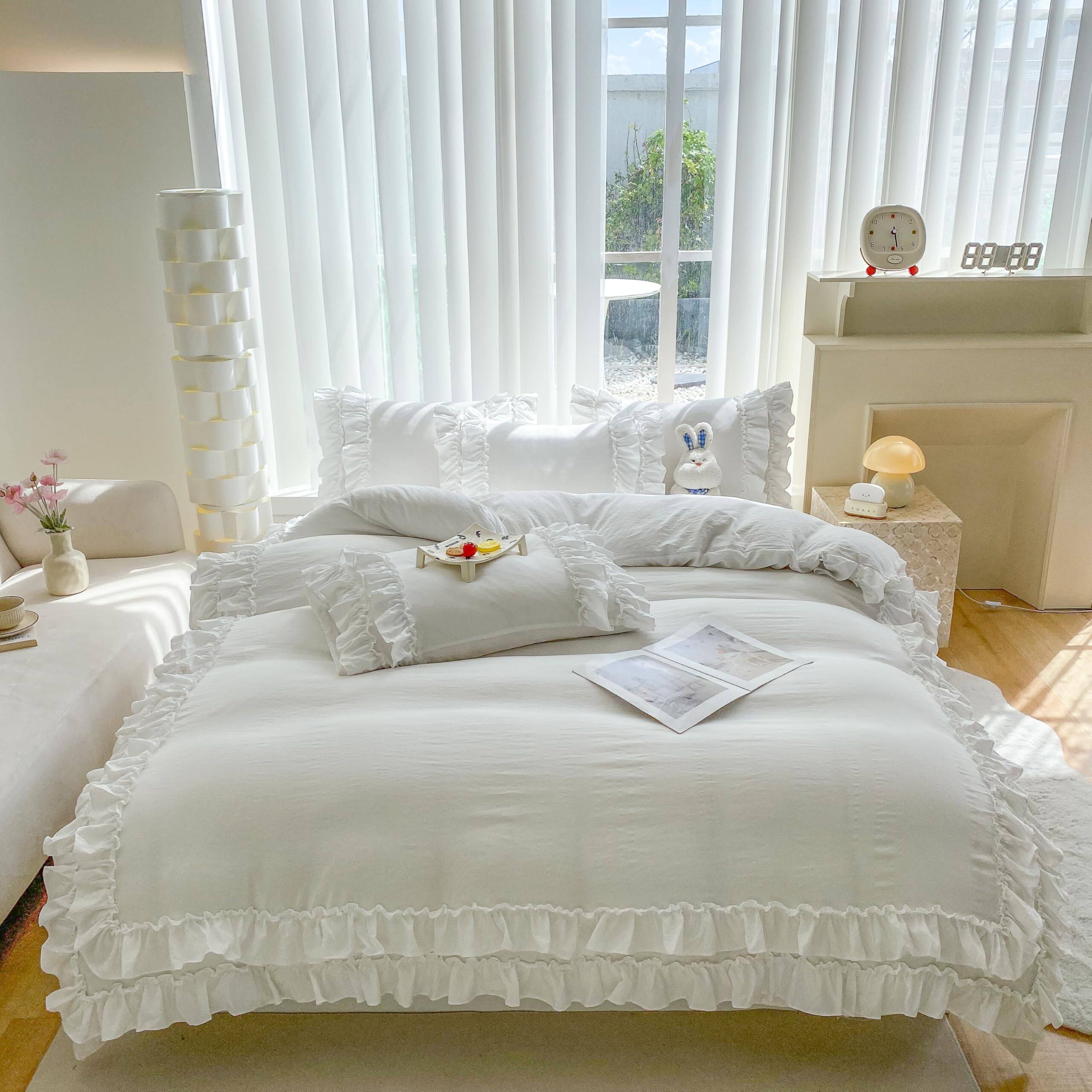Left. Earthley Blooms - Shabby Chic 3 Pieces Bedding Vintage Ruffled Full Duvet Cover Set With 2 Layers Ruffles Soft Brushed - Solid White-Queen.