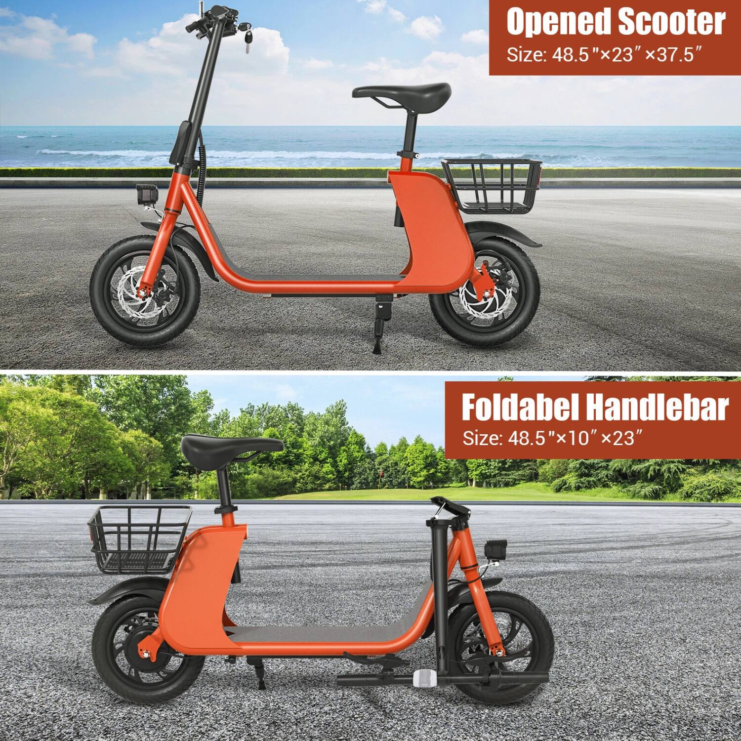 Opened Scooter  
Size: 48.5" x 23" x 37.5"

Foldable Handlebar  
Size: 48.5" x 10" x 23"