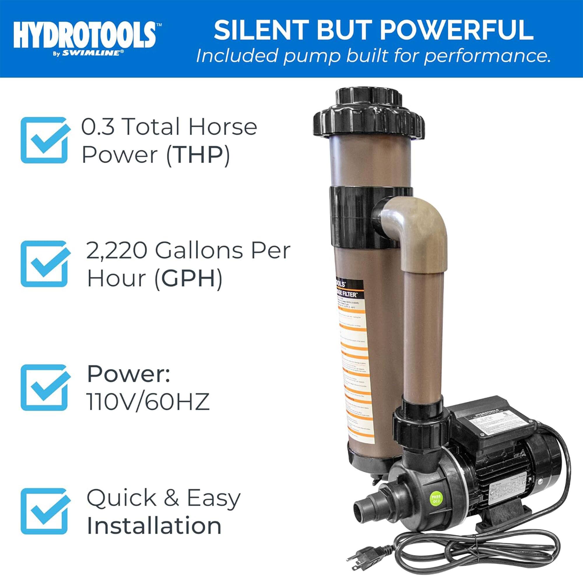 HYDROTOOLS  
by SWIMLINE  

SILENT BUT POWERFUL  
Included pump built for performance.  

- 0.3 Total Horse Power (THP)  
- 2,220 Gallons Per Hour (GPH)  
- Power: 110V/60HZ  
- Quick & Easy Installation
