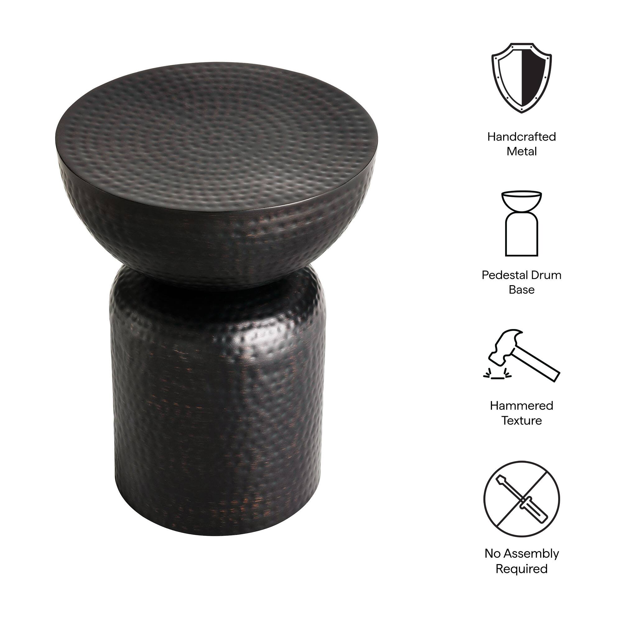 Handcrafted Metal Pedestal Drum Base  
Hammered Texture  
No Assembly Required