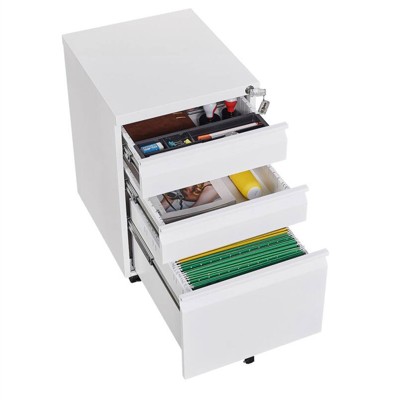 Alt View 9. HTUTWOO - 3-Drawer Mobile File Cabinet with Lock - Steel Filing Cabinet, 5 Wheels with 2 Brakes & Anti-Tip, Pen Tray & Hanging Bar - White.