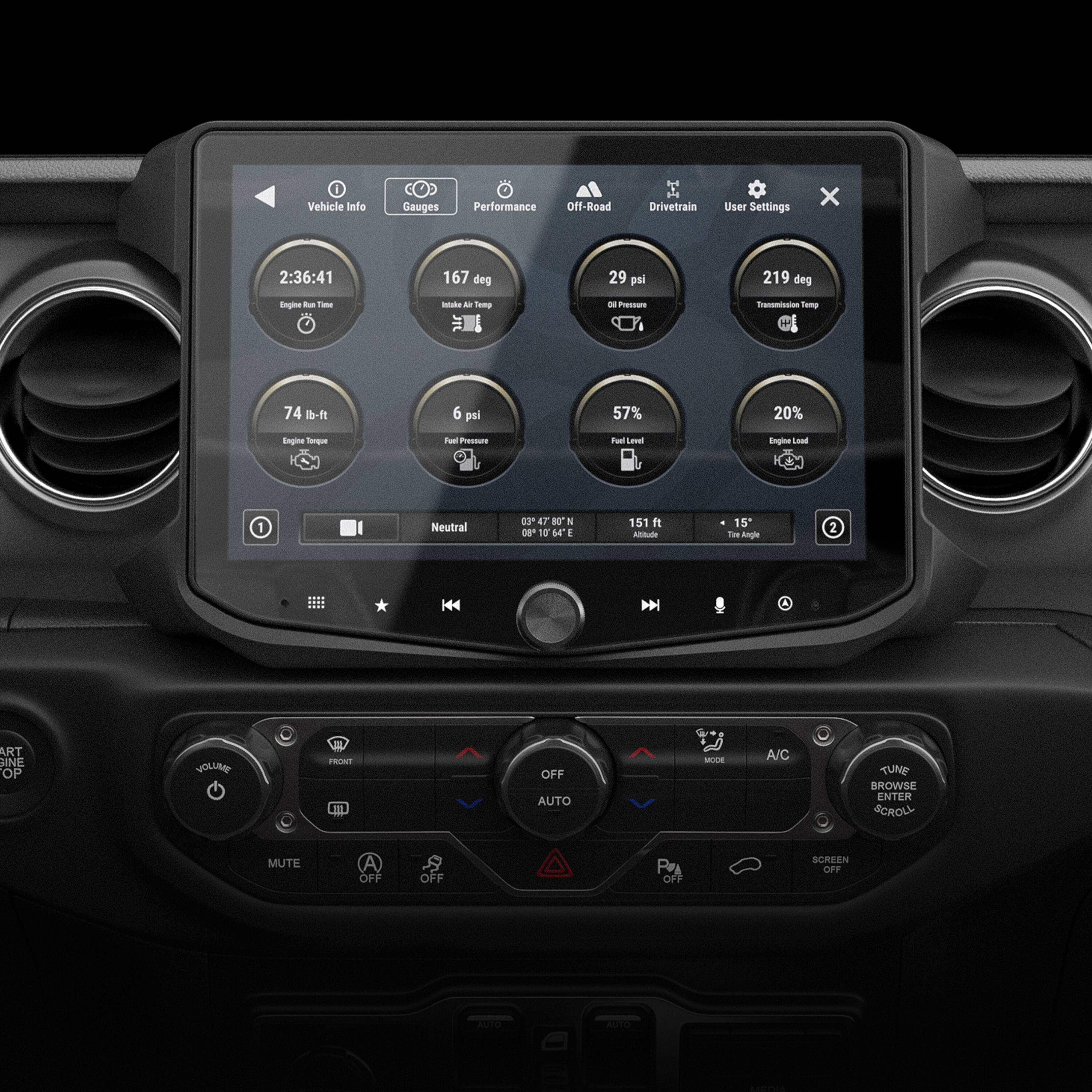 The image shows a dashboard with a display screen that has various settings, including vehicle information, gauges, and performance. The screen is divided into several sections, with the top section showing the time and temperature, and the bottom section displaying the engine and other performance-related information. The screen also has a touchscreen interface that allows the user to navigate through the different settings and options.