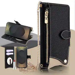 Dteck - Crossbody Wallet Case for Google Pixel 10 Pro XL, Elegant Zipper PU Leather Folio Stand Cover, Built-in Mini Mirror - Black