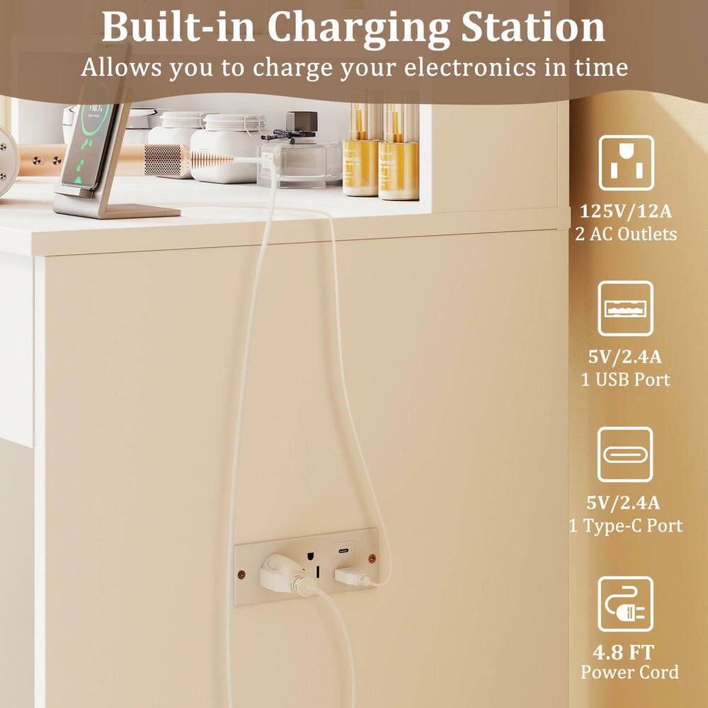 Built-in Charging Station  
Allows you to charge your electronics in time  

- 125V/12A  
- 2 AC Outlets  
- 5V/2.4A 1 USB Port  
- 5V/2.4A 1 Type-C Port  
- 4.8 FT Power Cord