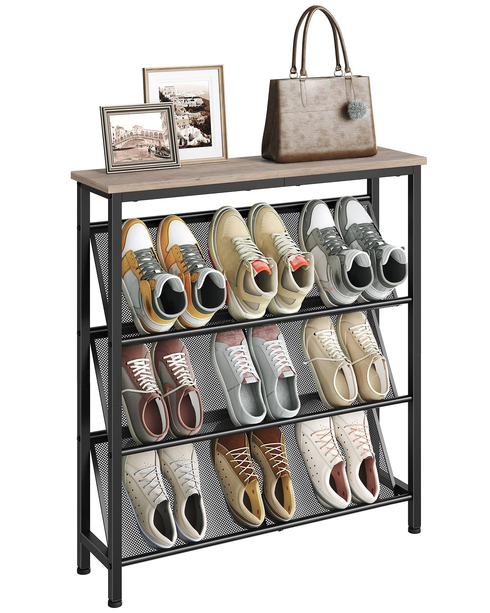 Front. Refined Abode Design - Shoe Rack Storage Shelf Organizer Rack Small Narrow Space Home Household Essential Item Solution Design - Greige, Black 29.5"L x 7.9"W x 32.7"H.