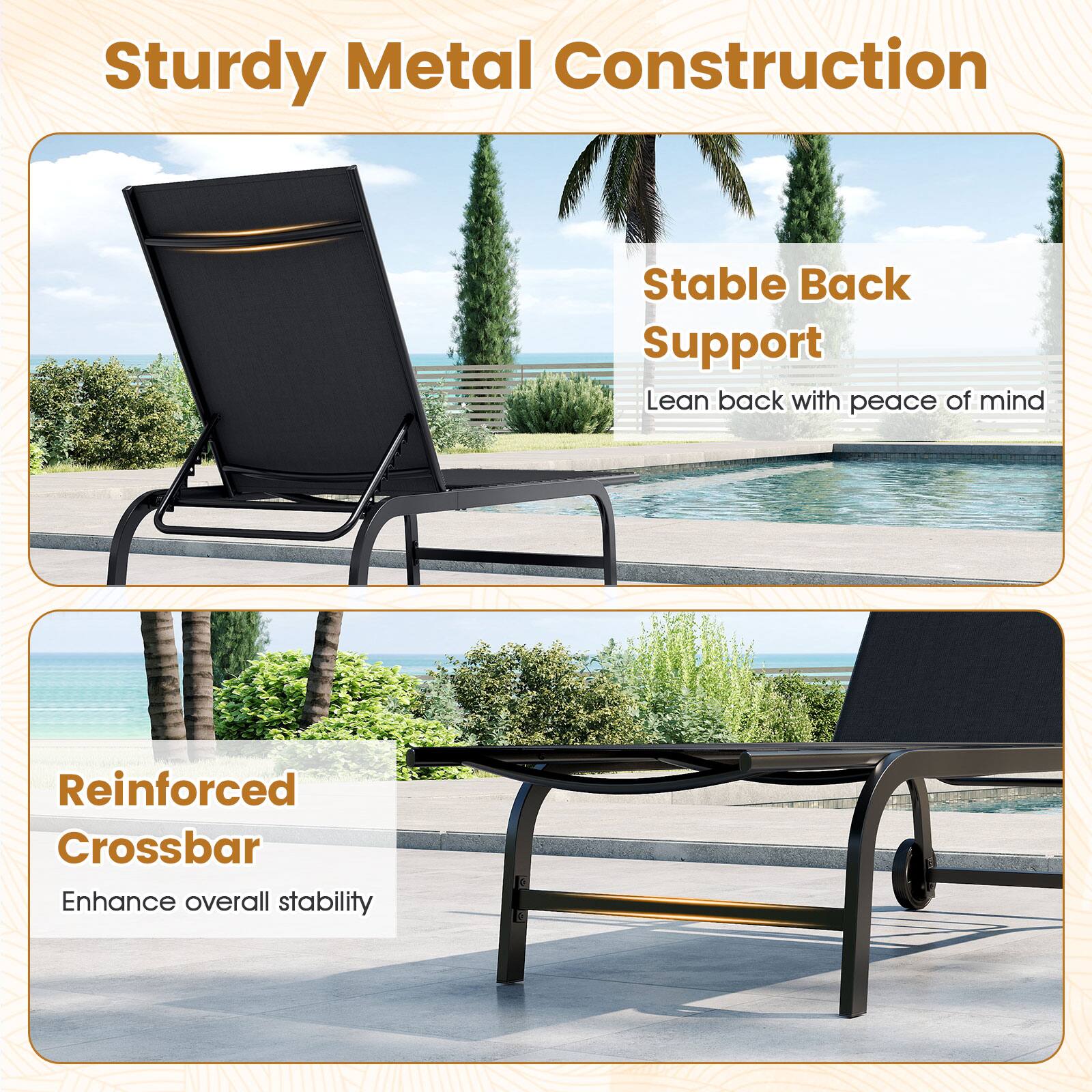Sturdy Metal Construction

Stable Back Support  
Lean back with peace of mind

Reinforced Crossbar  
Enhance overall stability