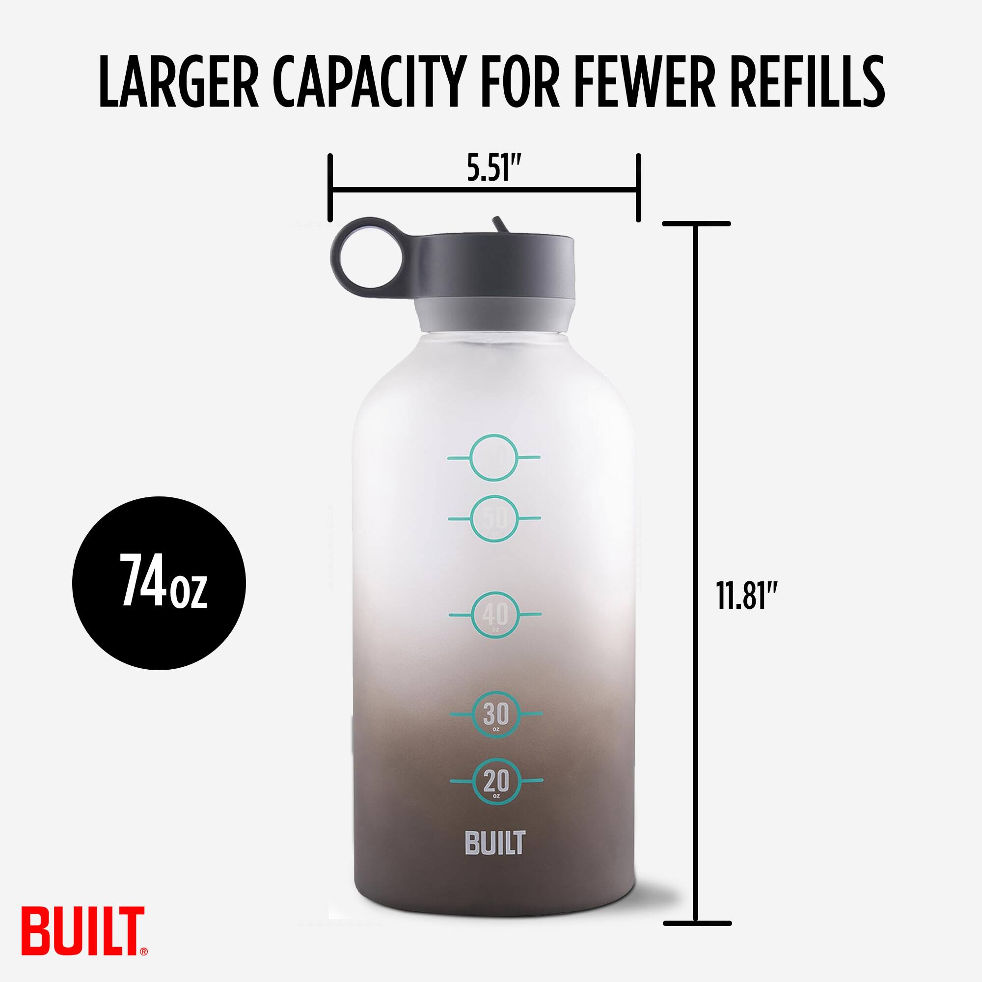 Larger capacity for fewer refills  
5.51"  
74oz  
11.81"  
Built