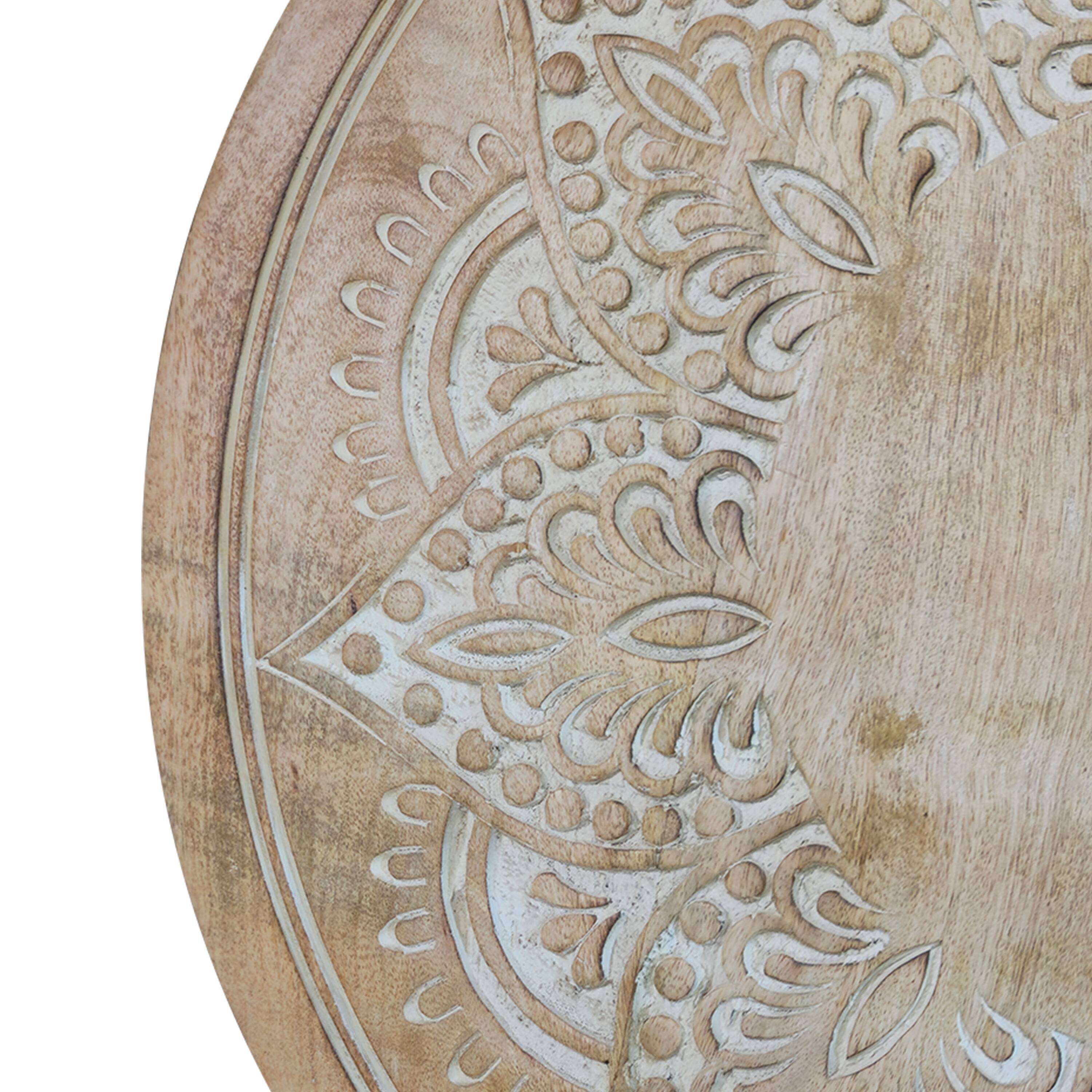 Alt View 2. Manhattan Lane - Accent Side Table, 24 Inch Round Top, Mango Wood Floral Cut Out Carved Motifs - Natural Brown, Washed White.