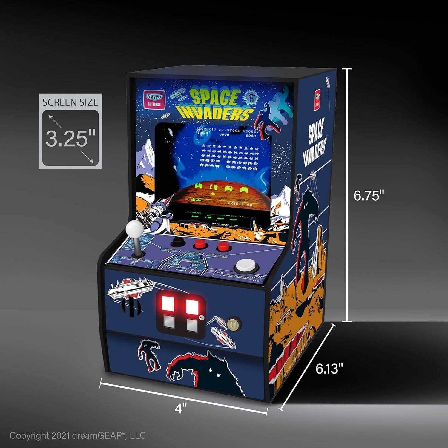 SCREEN SIZE 3.25"  
TAITO SPACE INVADERS  
6.75" x 6.13" x 4"  
Copyright 2021 dreamGEAR, LLC
