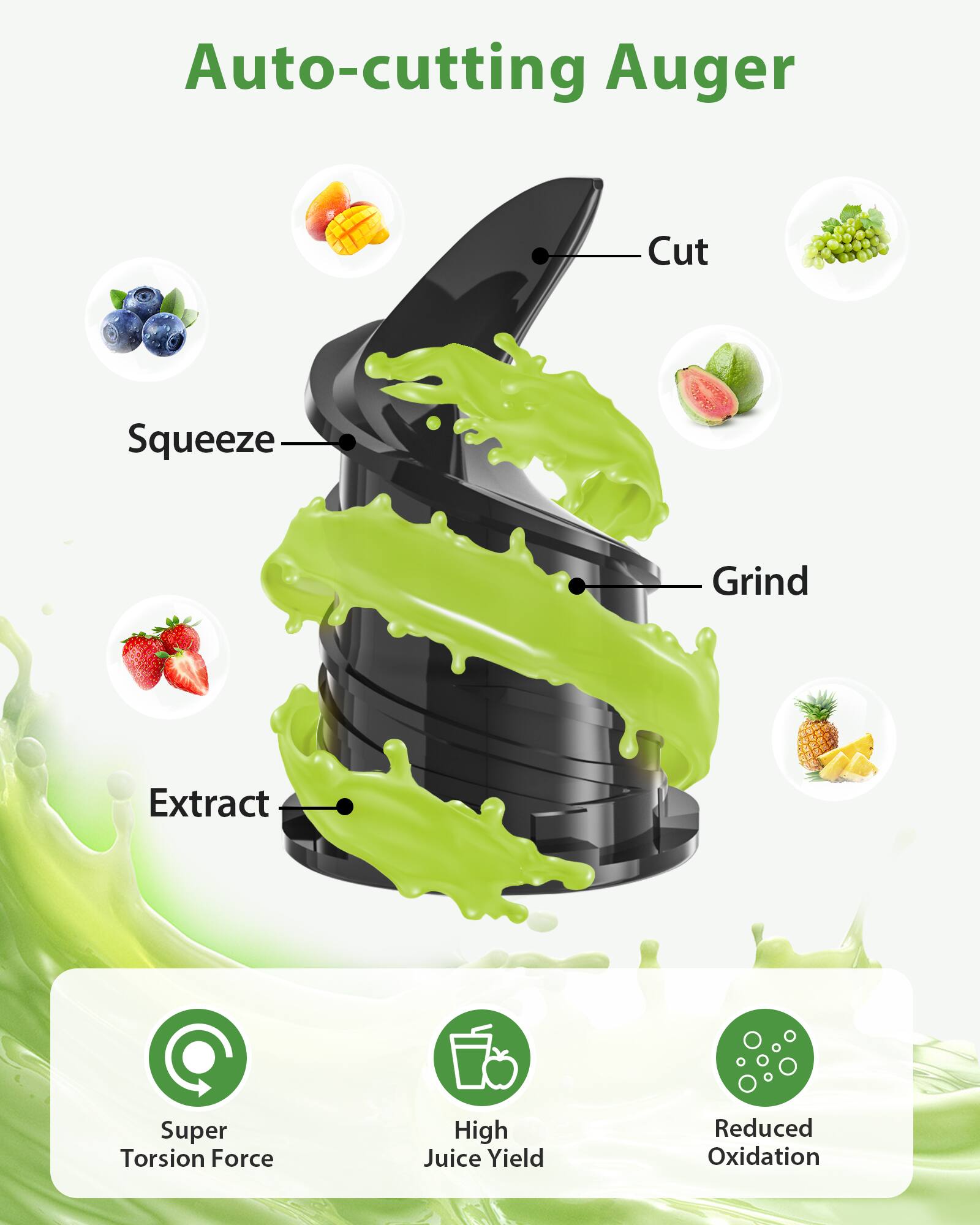 Auto-cutting Auger

- Cut
- Squeeze
- Grind
- Extract

Super Torsion Force  
High Juice Yield  
Reduced Oxidation