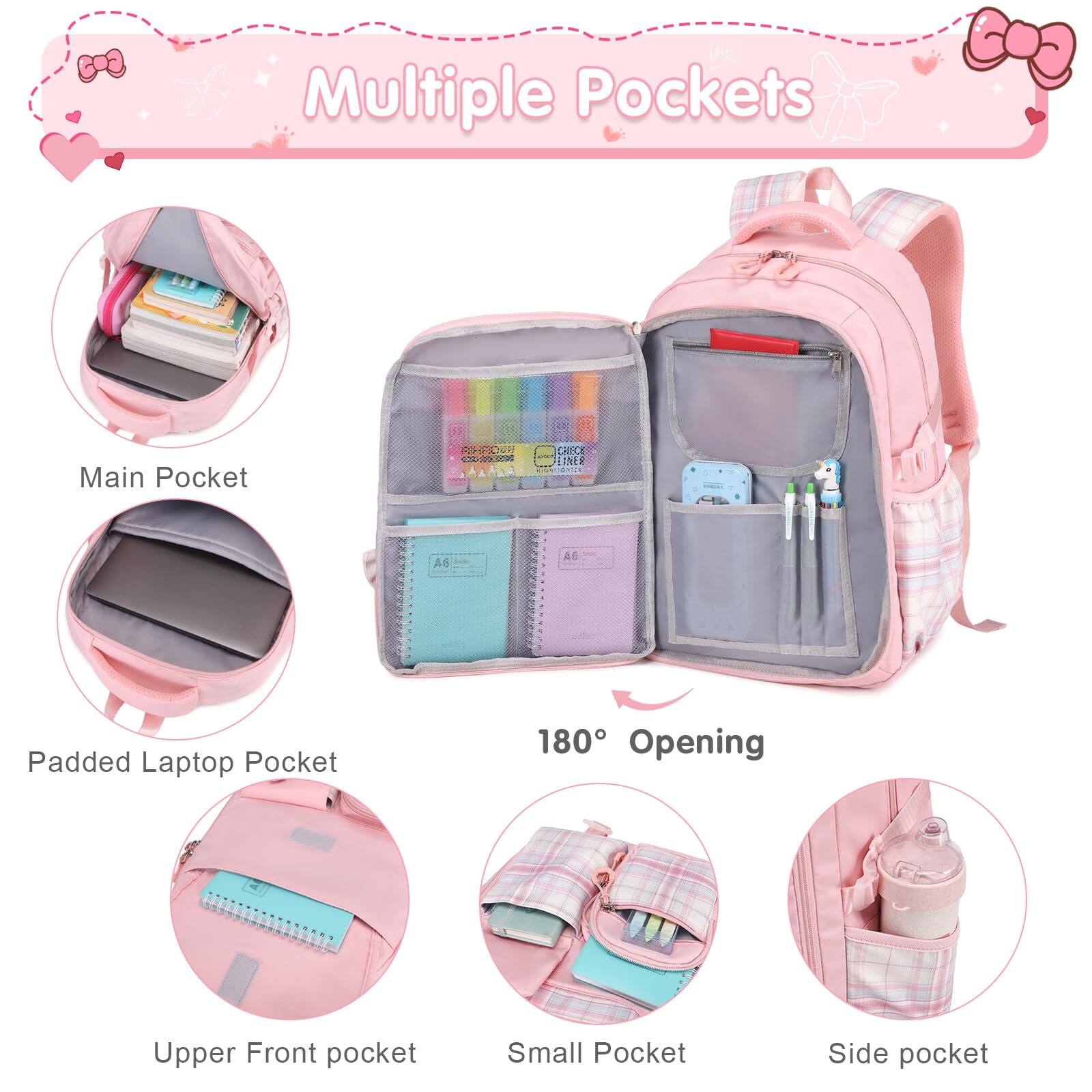 Back. Live At Space - Backpack For With Insulated Water Bottle  Bow Tie Plaid Bookbag 14oz Termos Stainless Steel Lunch Bag   Pencial Case To - Purple.