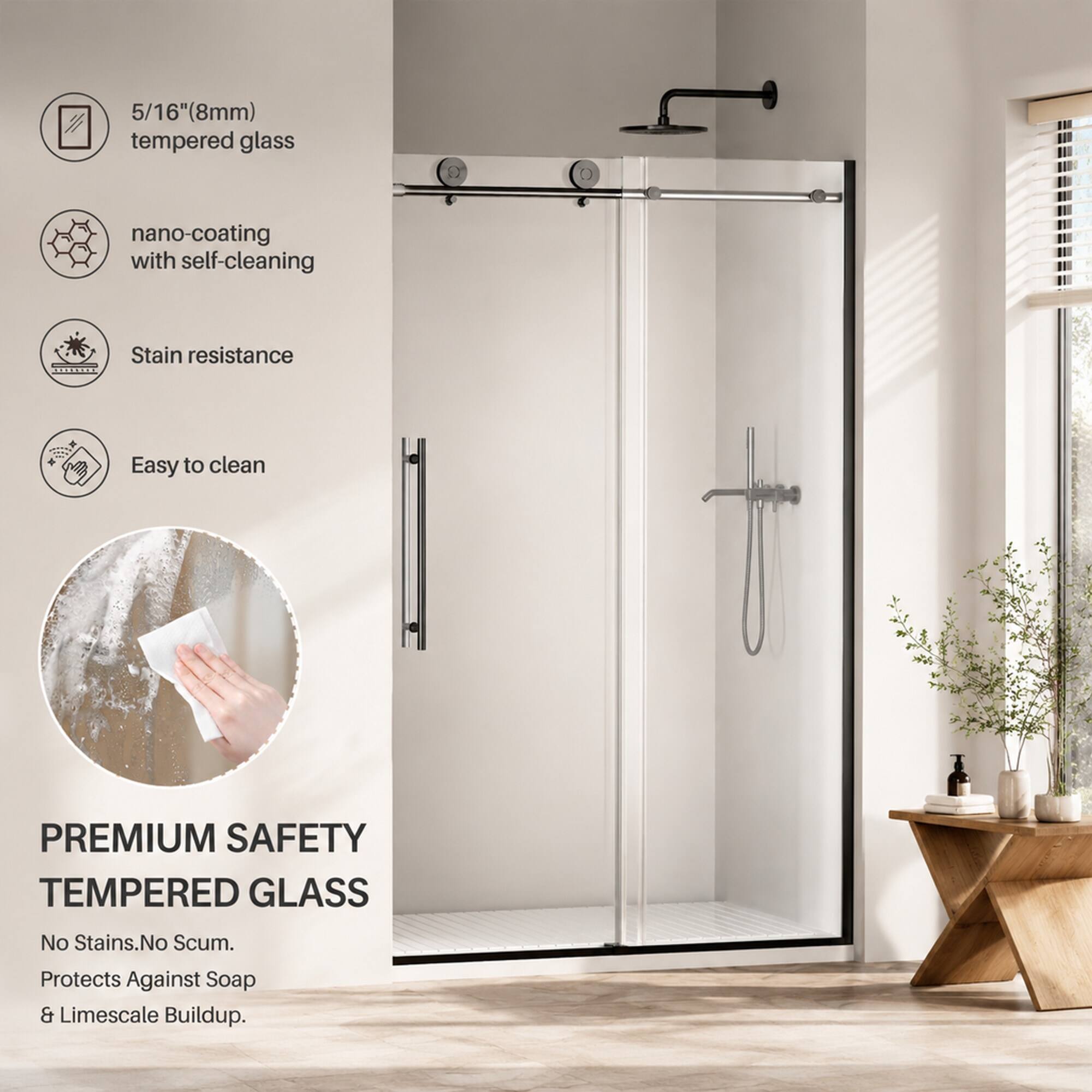 5/16" (8mm) tempered glass  
nano-coating with self-cleaning  
Stain resistance  
Easy to clean  

PREMIUM SAFETY TEMPERED GLASS  
No Stains. No Scum. Protects Against Soap & Limescale Buildup.