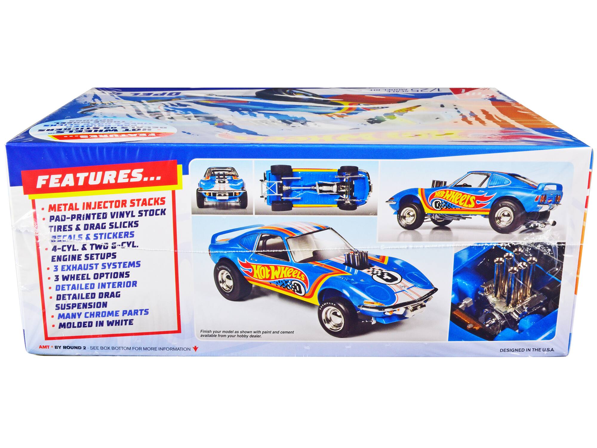 Sure, here is the corrected and grouped text from the image:

---

**FEATURES...**

- METAL INJECTOR STACKS
- PAD-PRINTED VINYL STOCK TIRES & DRAG SLICKS
- 4-CYL. & TWO 6-CYL. ENGINE SETUPS
- 3 EXHAUST SYSTEMS
- 3 WHEEL OPTIONS
- DETAILED INTERIOR
- DETAILED DRAG SUSPENSION
- MANY CHROME PARTS
- MOLDED IN WHITE

Finish your model as shown with paint and cement available from your hobby dealer.

---

**AMT BY ROUND 2 - SEE BOX BOTTOM FOR MORE INFORMATION**

---

**DESIGNED IN THE U.S.A.**