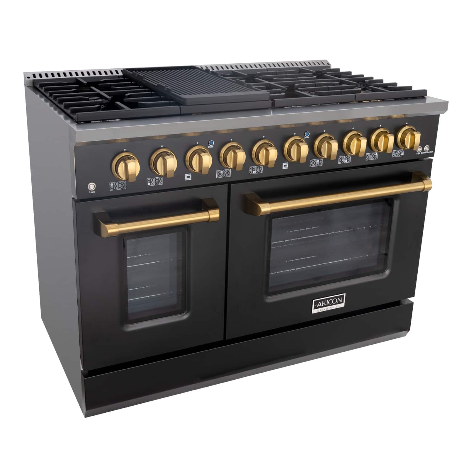 Akicon - 6.7 Cu.ft Slide-in Freestanding Gas Convection Range with 6 Burners and Cast Iron Grates in Black with Gold - Black with Gold