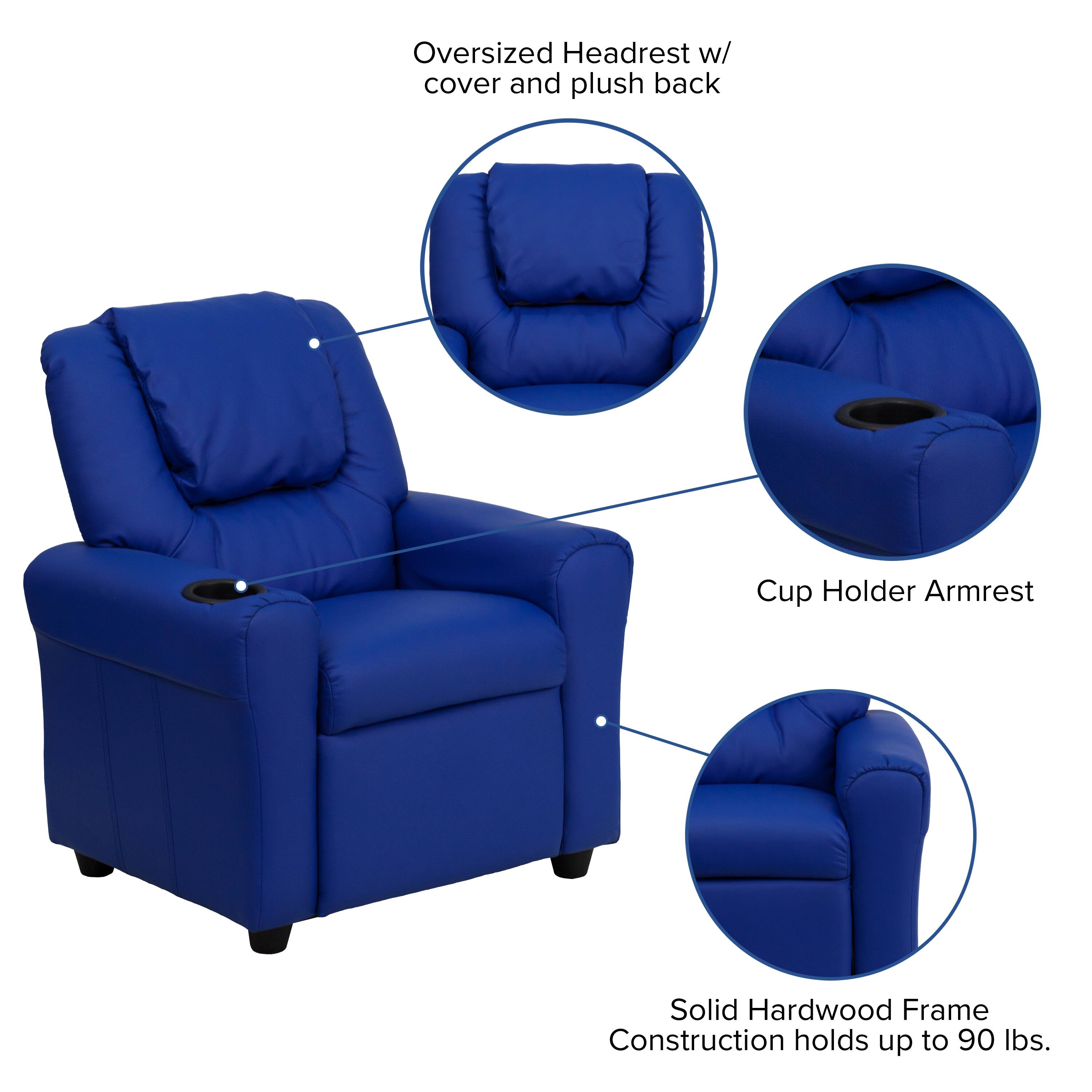 Oversized Headrest w/ cover and plush back  
Cup Holder Armrest  
Solid Hardwood Frame Construction holds up to 90 lbs.