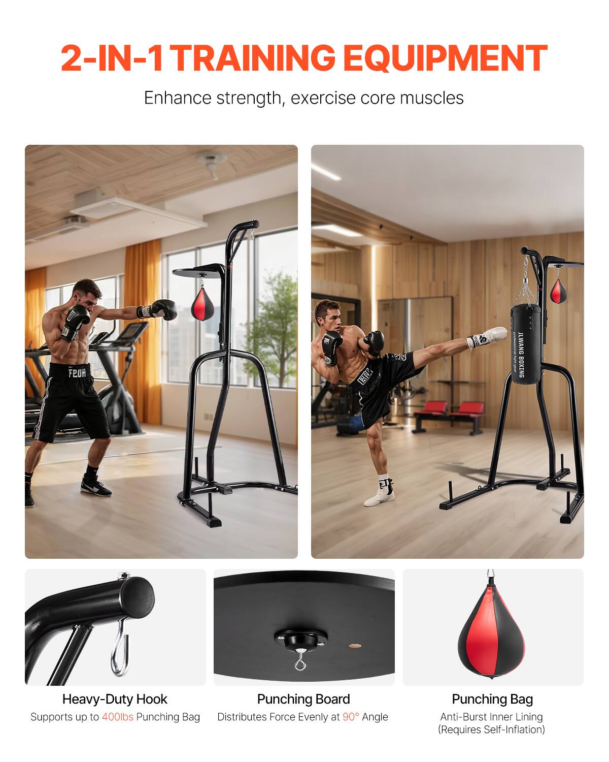 2-IN-1 TRAINING EQUIPMENT Enhance strength, exercise core muscles

FEUM JLWANG BOXING

Heavy-Duty Hook
Punching Board
Supports up to 400lbs Punching Bag
Distributes Force Evenly at 90° Angle
Punching Bag
Anti-Burst Inner Lining (Requires Self-Inflation)