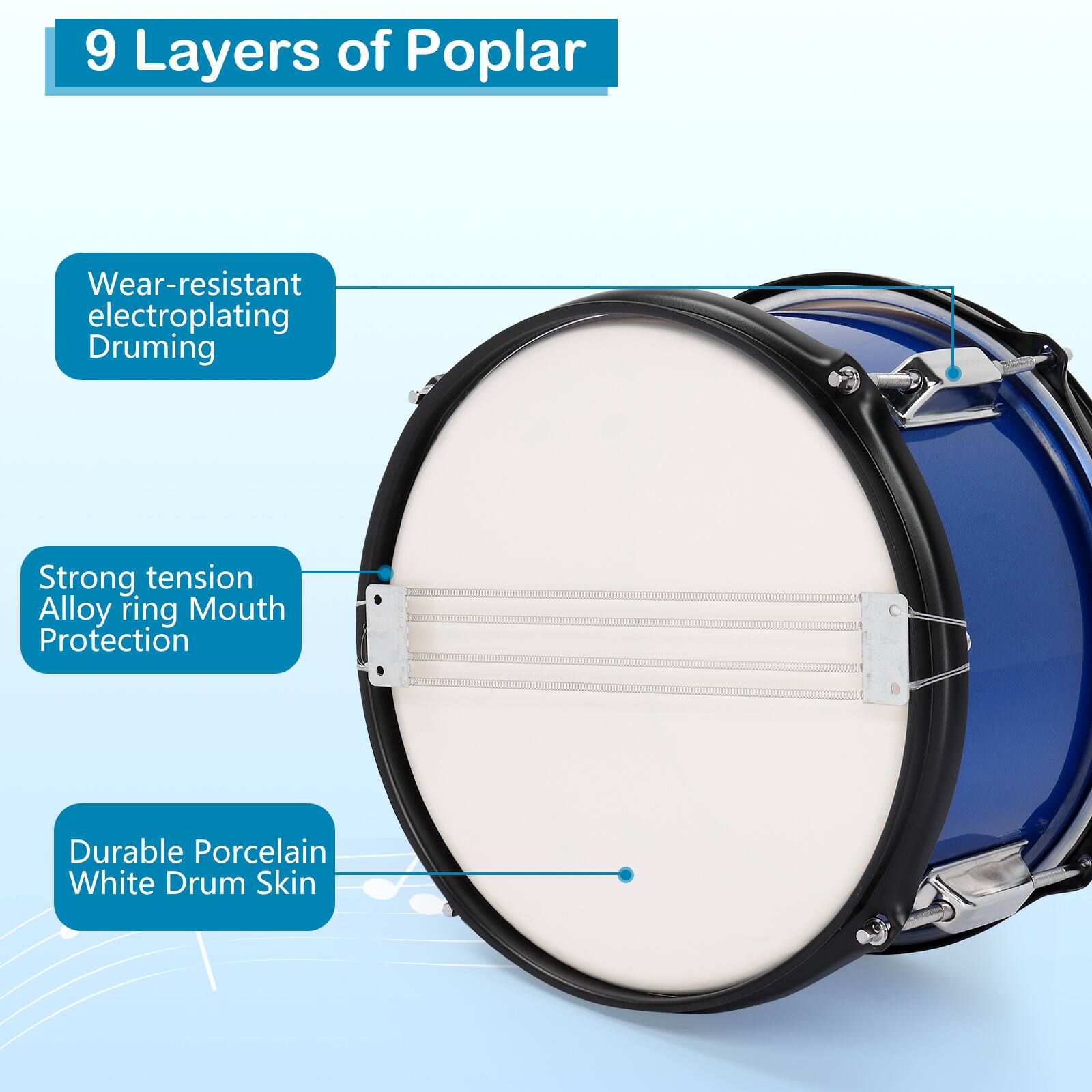 9 Layers of Poplar

- Wear-resistant electroplating Drumming
- Strong tension Alloy ring Mouth Protection
- Durable Porcelain White Drum Skin