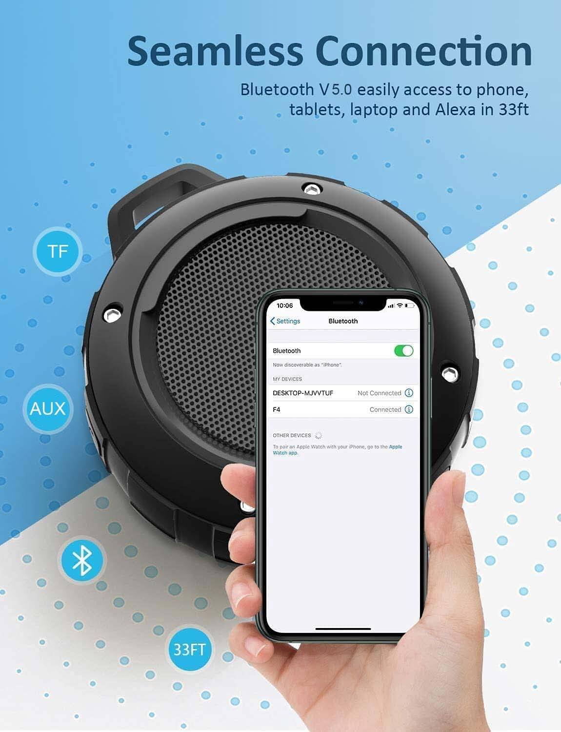 Seamless Connection  
Bluetooth V5.0 easily access to phone, tablets, laptop and Alexa in 33ft  

TF  
AUX  
33FT  

Settings  
Bluetooth  
Bluetooth  
Now discoverable as "iPhone"  
MY DEVICES  
DESKTOP-MJVVTUF  
Not Connected  
Connected  

OTHER DEVICES  
Pair an Apple Watch with your iPhone, go to the Apple Watch app.