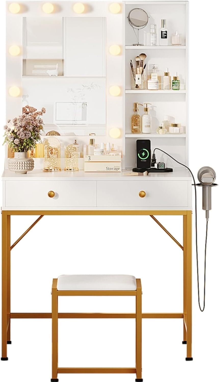 Acekool - Makeup Vanity Desk Set with Mirror, 3 Adjustable Lighting Modes, 2 Drawers - White