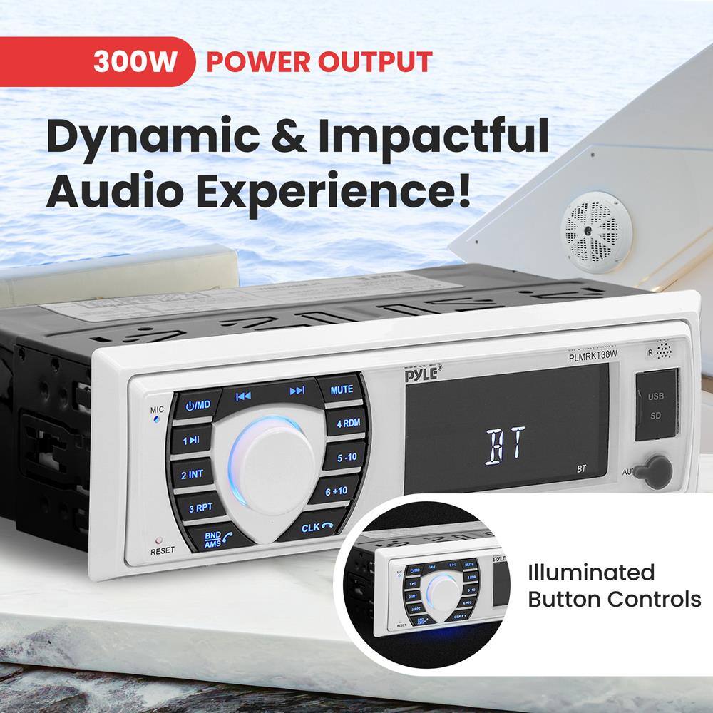 300W POWER OUTPUT  
Dynamic & Impactful Audio Experience!  

MIC UVMD 1 I 2 INT 3 RPT AND AMS RESET | 44 D MUTE 4 RDM 5 -10 6 +10 CLK R PLMRKT38W PYLE USB SD BT BT AU 17S PVL  

Illuminated Button Controls
