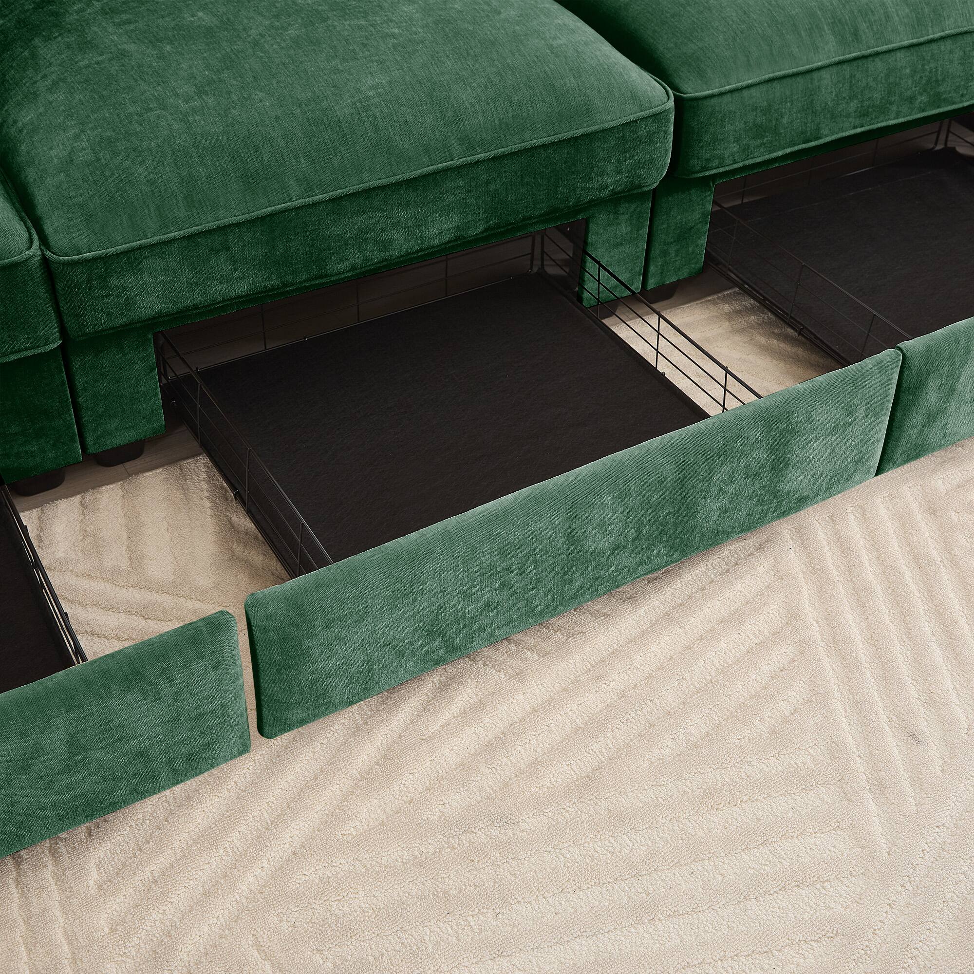 Alt View 2. Aukfa - 3-Seater Sofa with 3 Footstools - Pull-Out Drawers Under Each Seat, Crescent Armrests, Chenille Fabric - Green.