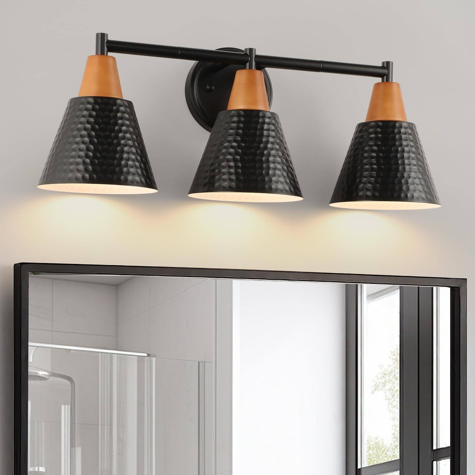 Front. Dazzling Pops - Vanity Light For Bathroom Farmhouse Wood Fixtures Over Mirror Metal Lampshade Hallway Living Room - Metal Thread 3-Light.