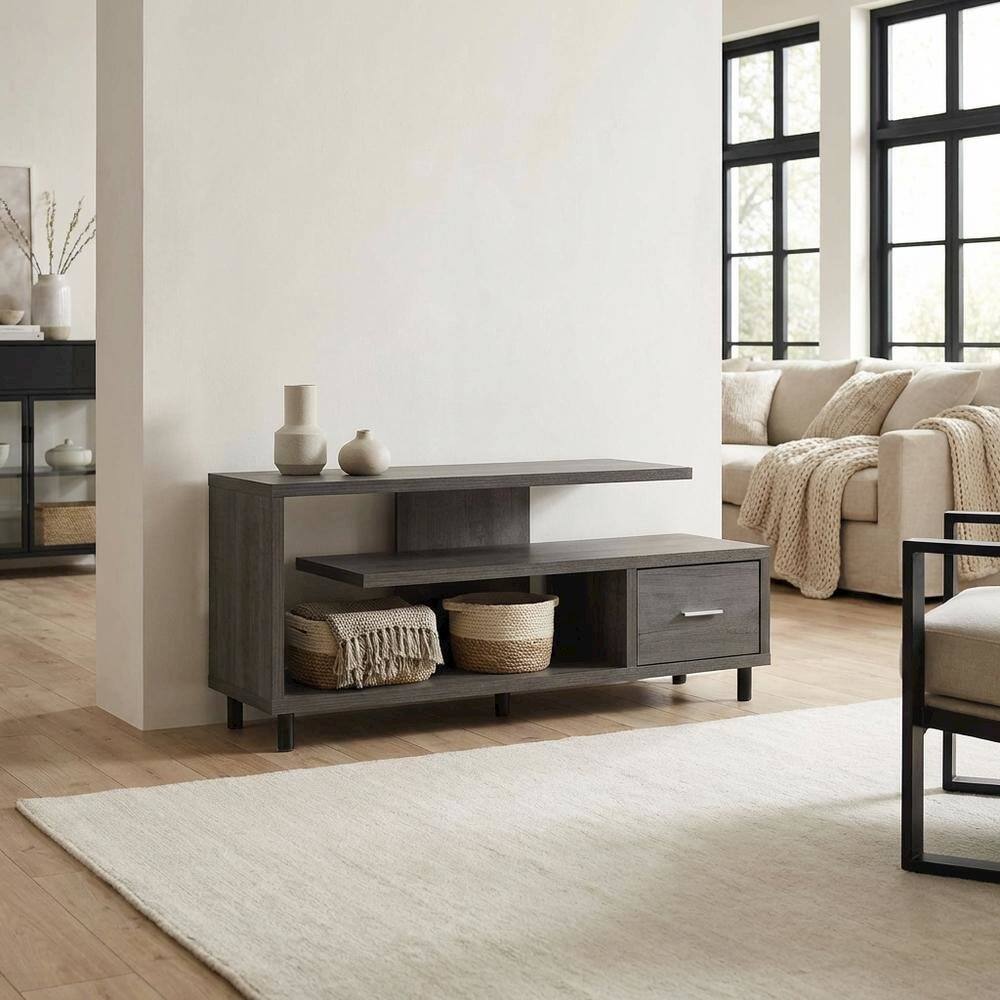 Alt View 2. FurniFact - Gray TV stand with 1 drawer and shelves for 65-inch TVs, modern style - Gray.
