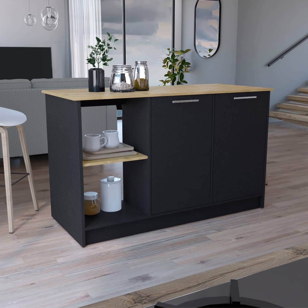 Loheer - Modern Kitchen Island with Open Shelves Large Top Surface - Multi