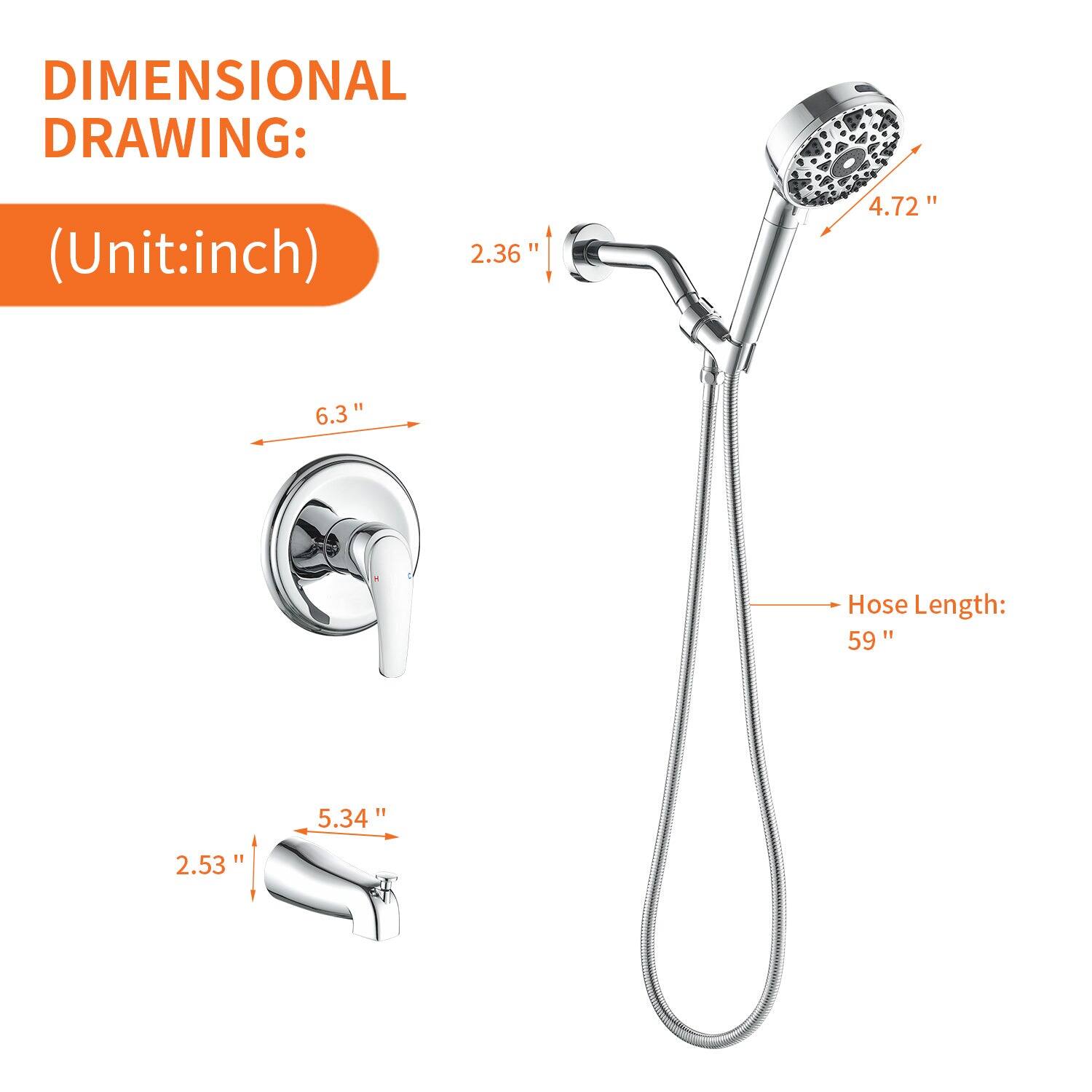 DIMENSIONAL DRAWING:  
(Unit: inch)  

- 2.36"  
- 6.3"  
- 4.72"  
- 5.34"  
- 2.53"  
- Hose Length: 59"