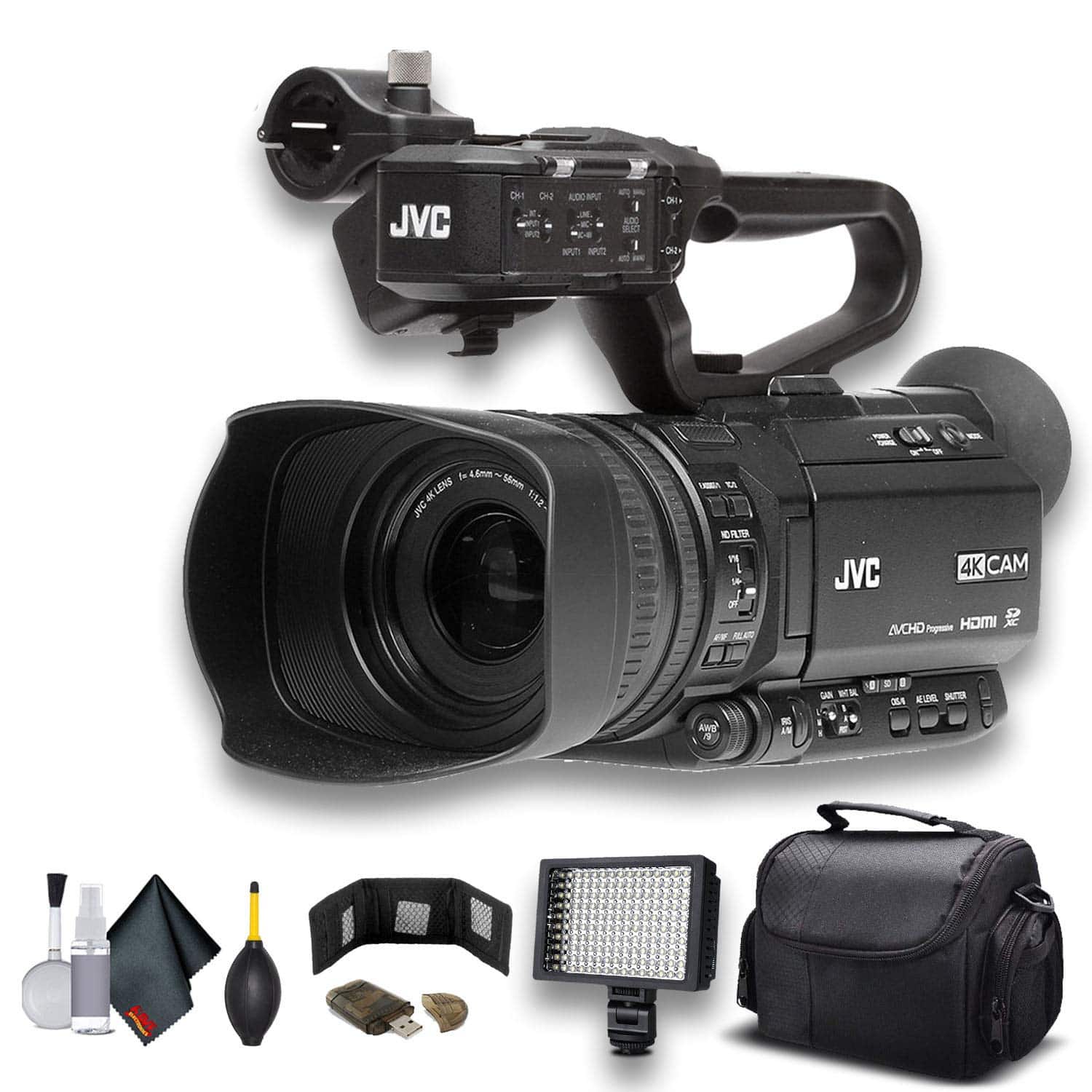 JVC - GY-HM250 UHD 4K Streaming Camcorder W/Case, LED Light, Cleaning Kit and More. - Advanced Bundle