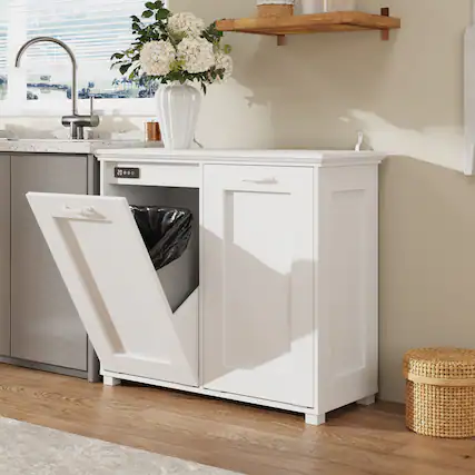 Front. Famapy - 20-Gallon Dual Trash Cabinet with Ozone Odor Control, Tilt-Out Double Garbage Bin, Wooden Kitchen Deodorizing Cabinet - White.
