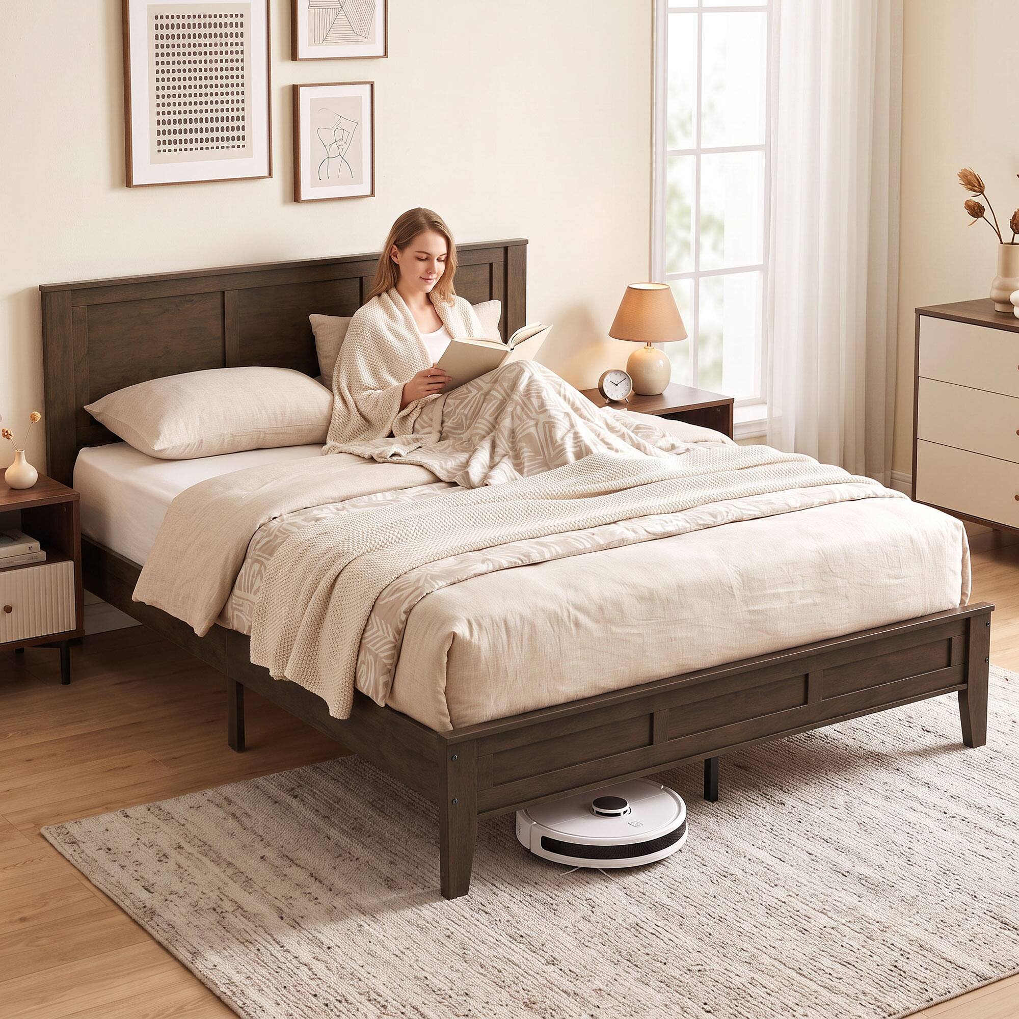 Alt View 7. Homcom - Size Bed Frame with Headboard and Footboard - Walnut.
