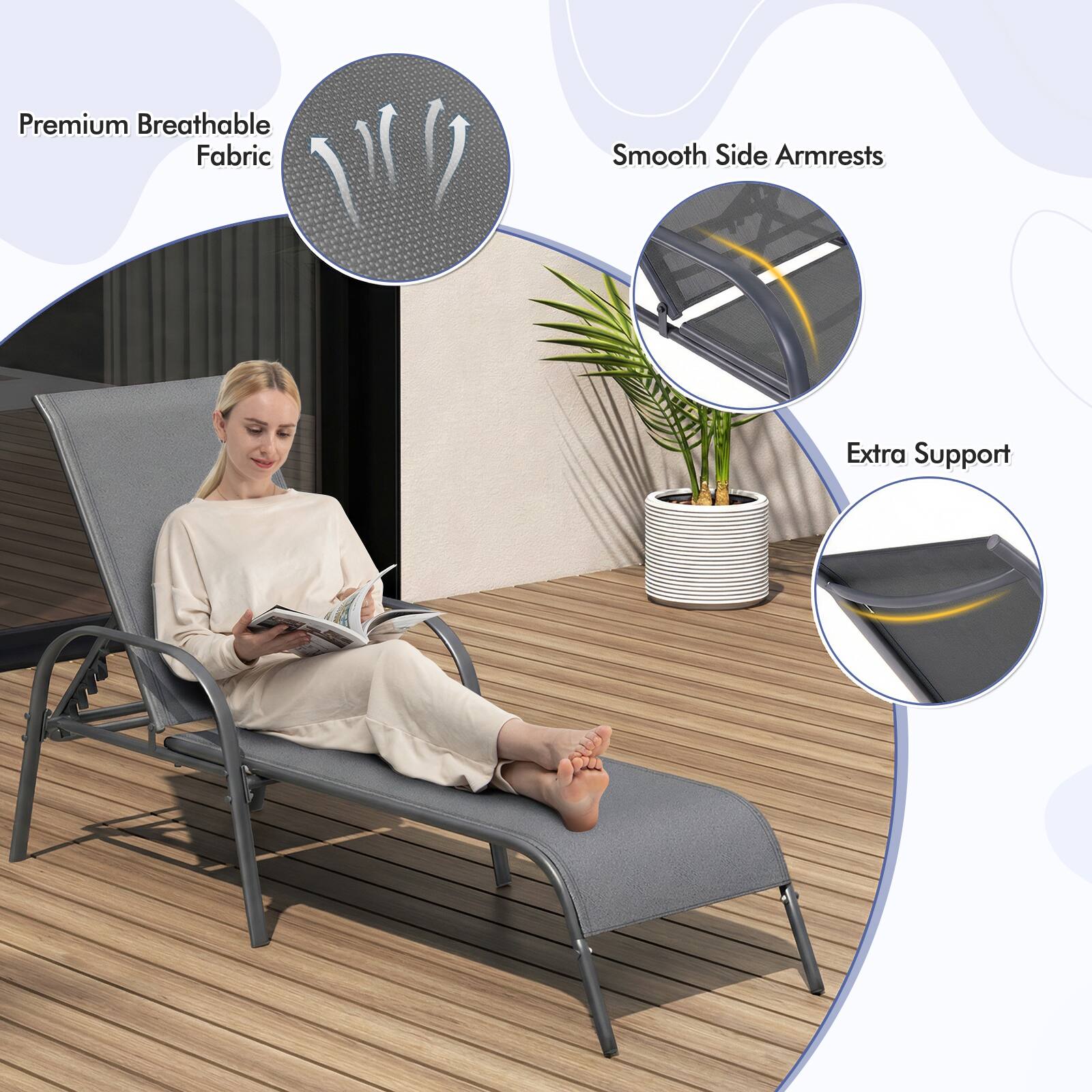 Premium Breathable Fabric  
Smooth Side Armrests  
Extra Support