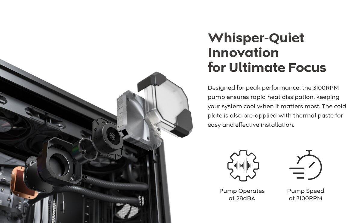 Whisper-Quiet Innovation for Ultimate Focus

Designed for peak performance, the 3100RPM pump ensures rapid heat dissipation, keeping your system cool when it matters most. The cold plate is also pre-applied with thermal paste for easy and effective installation.

- Pump Operates at 28dBA
- Pump Speed at 3100RPM