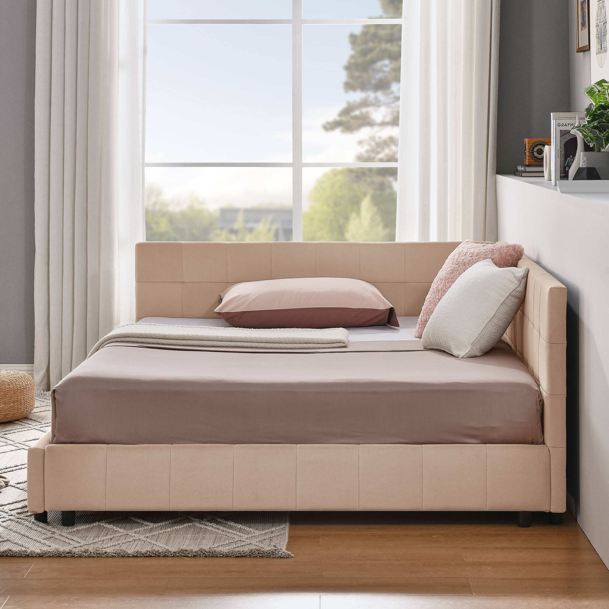 Angle. Anysun - Full Velvet Tufted Sofa Bed Frame - with Comfortable Backrest & Armrests for Bedroom or Living Room - Pink.