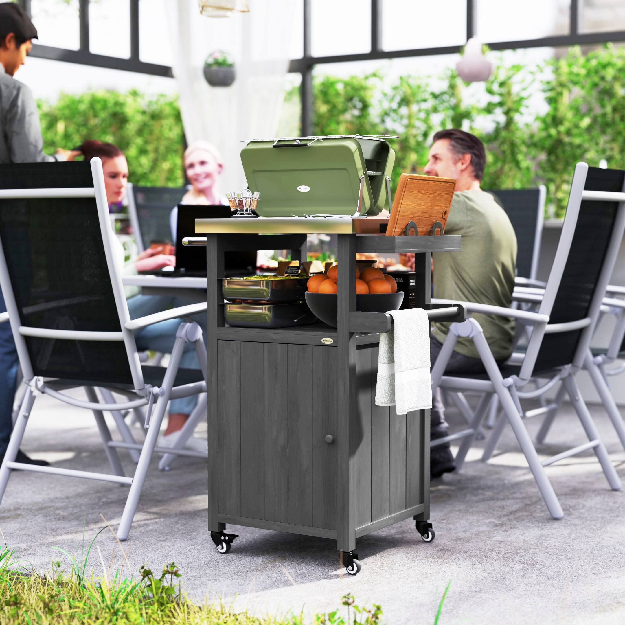 Alt View 8. Outsunny - Outdoor Grill Cart with Wheels, Stainless Steel Top, Solid Wood Outdoor Kitchen Island with Storage Cabinet - Dark Gray.