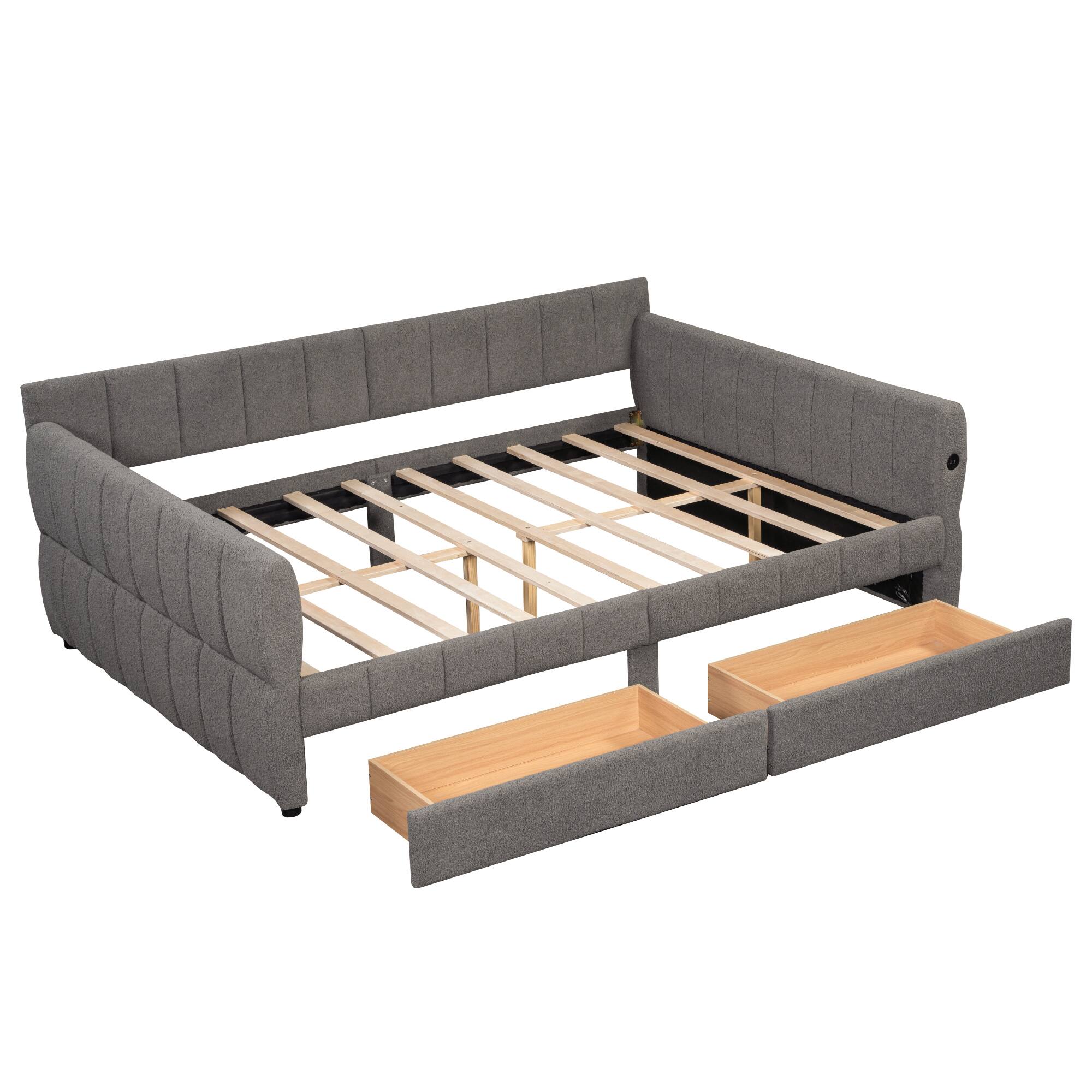 Alt View 1. Whisen - Queen Size Upholstered Platform Bed Frame with Built-in USB Ports and 2 Storage Drawers for Bedroom - Gray.