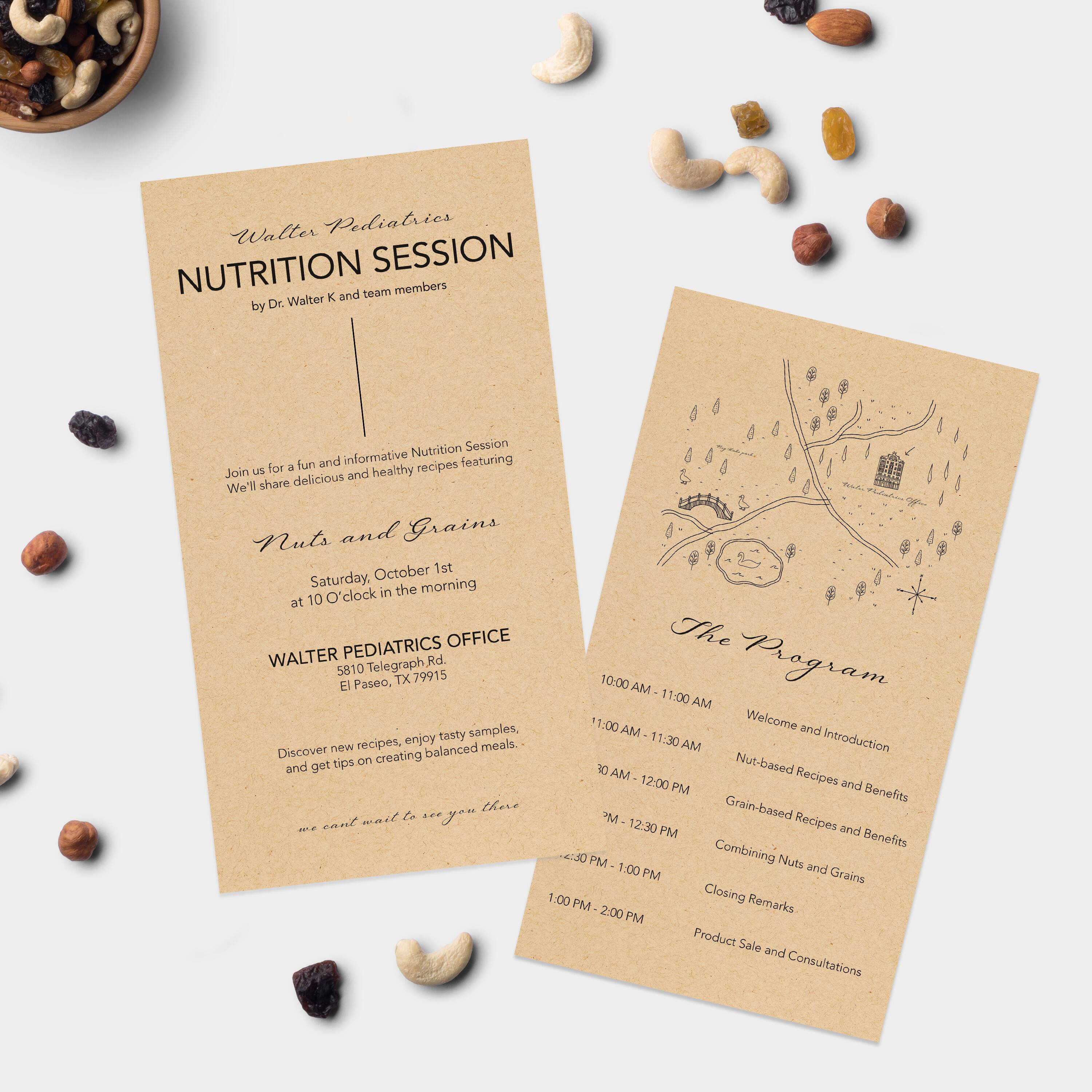 **Walter Pediatrics Nutrition Session**

by Dr. Walter K and team members

Join us for a fun and informative Nutrition Session. We'll share delicious and healthy recipes featuring Nuts and Grains.

Saturday, October 1st  
at 10 O'clock in the morning

WALTER PEDIATRICS OFFICE  
5810 Telegraph Rd.  
El Paso, TX 79915

Discover new recipes, enjoy tasty samples, and get tips on creating balanced meals.

We can't wait to see you there!

---

**The Program**

10:00 AM - 11:00 AM  
Welcome and Introduction

11:00 AM - 11:30 AM  
Nut-based Recipes and Benefits

11:30 AM - 12:00 PM  
Grain-based Recipes and Benefits

12:00 PM - 12:30 PM  
Combining Nuts and Grains

12:30 PM - 1:00 PM  
Closing Remarks

1:00 PM - 2:00 PM  
Product Sale and Consultations