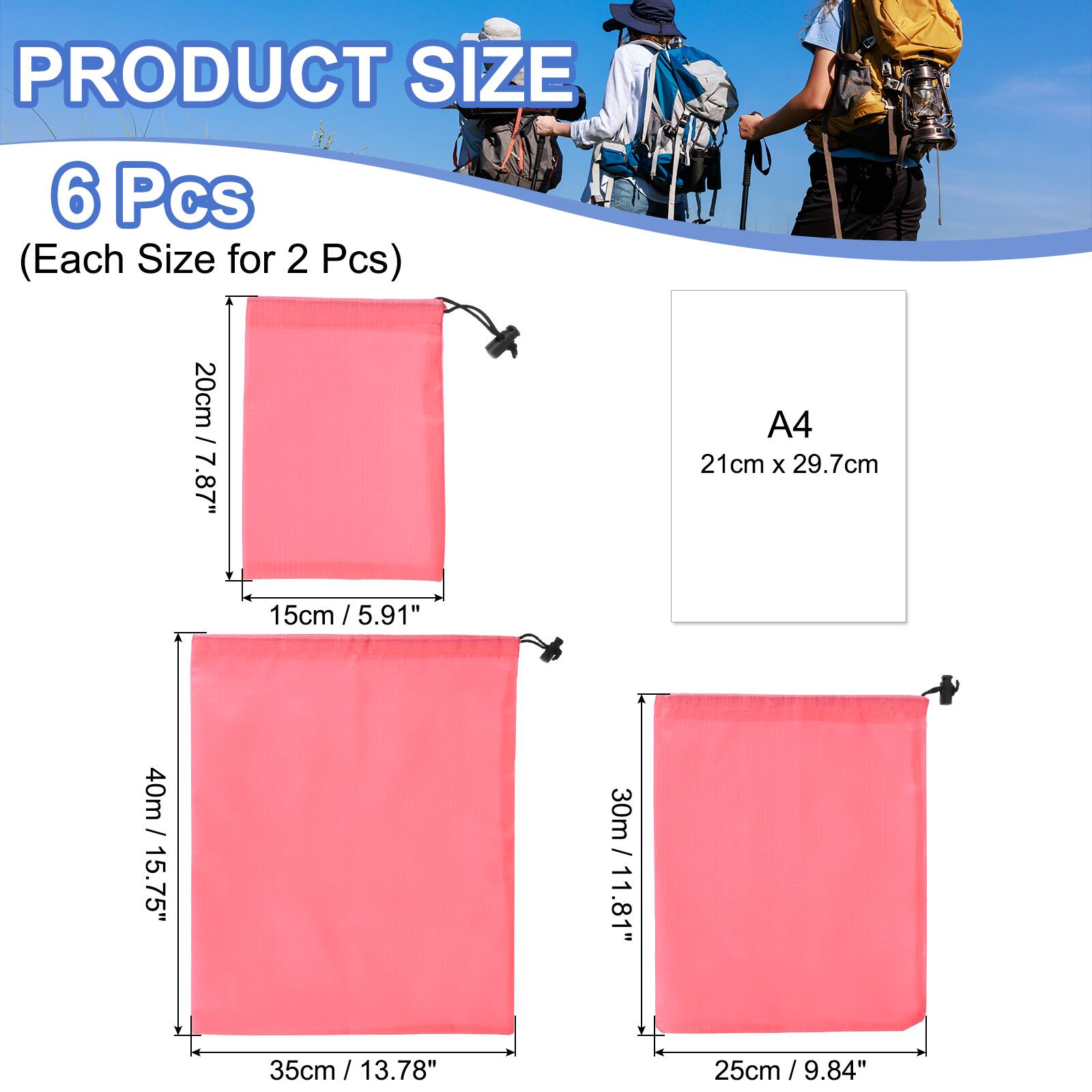 PRODUCT SIZE

6 Pcs (Each Size for 2 Pcs)

- 20cm / 7.87" x 15cm / 5.91"
- 40m / 15.75" x 35cm / 13.78"
- 30m / 11.81" x 25cm / 9.84"

A4: 21cm x 29.7cm