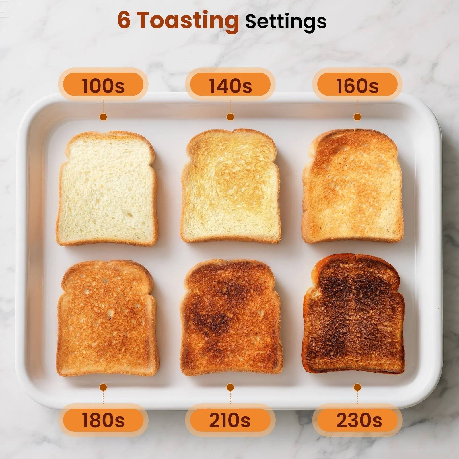 6 Toasting Settings  
100s 140s 160s 180s 210s 230s