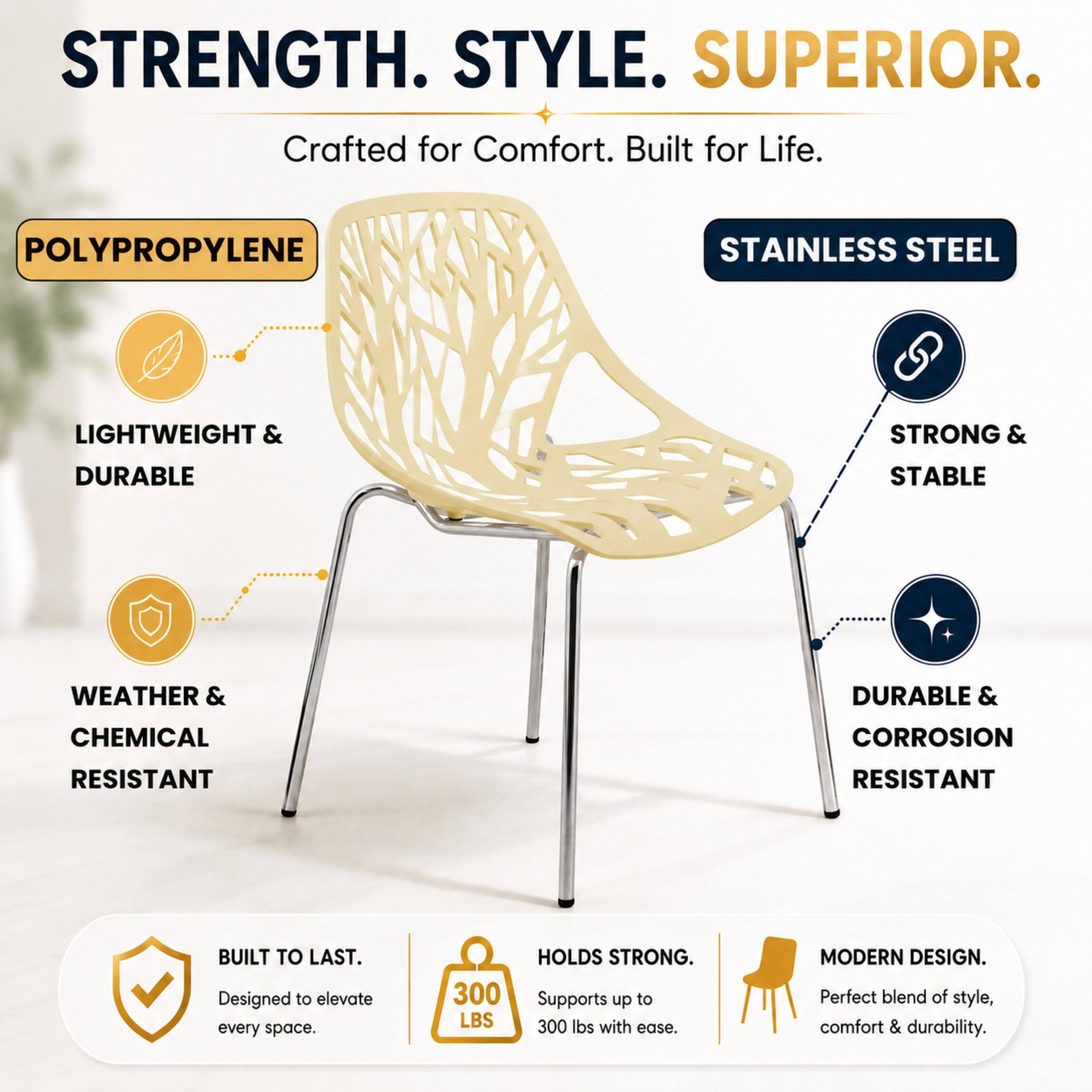STRENGTH. STYLE. SUPERIOR.  
Crafted for Comfort. Built for Life.  

POLYPROPYLENE  
LIGHTWEIGHT & DURABLE  
WEATHER & CHEMICAL RESISTANT  

STAINLESS STEEL  
STRONG & STABLE  
DURABLE & CORROSION RESISTANT  

BUILT TO LAST.  
Designed to elevate every space.  

300 LBS HOLDS STRONG.  
Supports up to 300 lbs with ease.  

MODERN DESIGN.  
Perfect blend of style, comfort & durability.