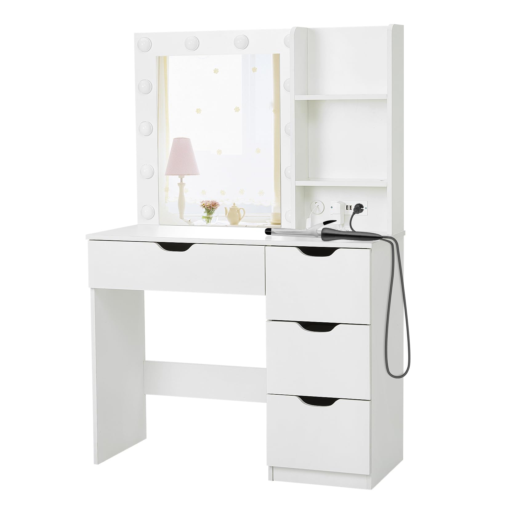 Jojoka - Vanity Desk with Mirror & LED Lights, Makeup Table with 3 Lighting Modes, Charging Station, Drawers & Shelves - White