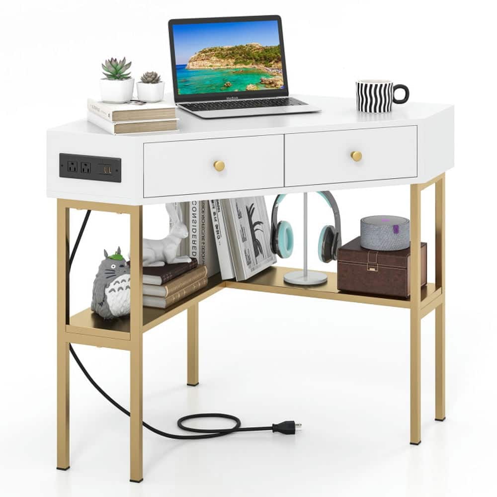 Kadyn - Triangle Corner Desk with Charging Station with 2 Drawers and Storage Shelf-Golden, Home Office Desks, Computer Desks - Yellow